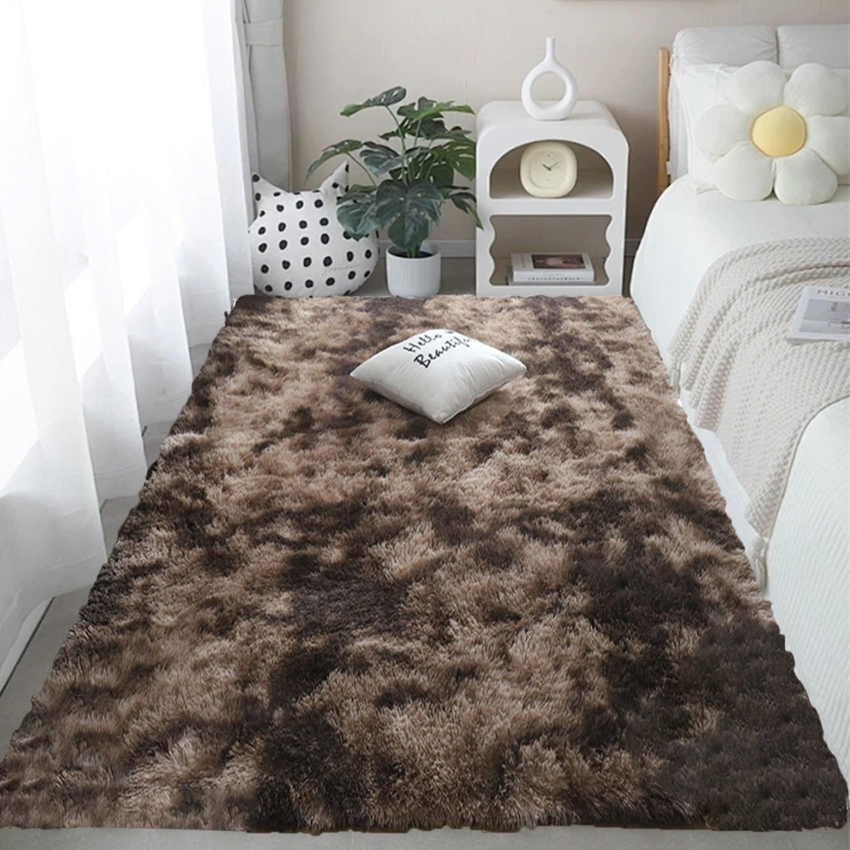 Descente de lit chambre adulte 250x400 cm tapis tie-dye marron grand format shaggy lavable