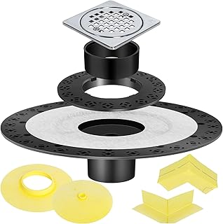 Shower Drain Kit Compatible with Schluter kerdi Systems, 4 inch Drain Grate Kit with Vertical ABS 2 Inch Flange, ABS Plastic Pipe, Corners and Seals, Shower Floor Drain Kit Replacement