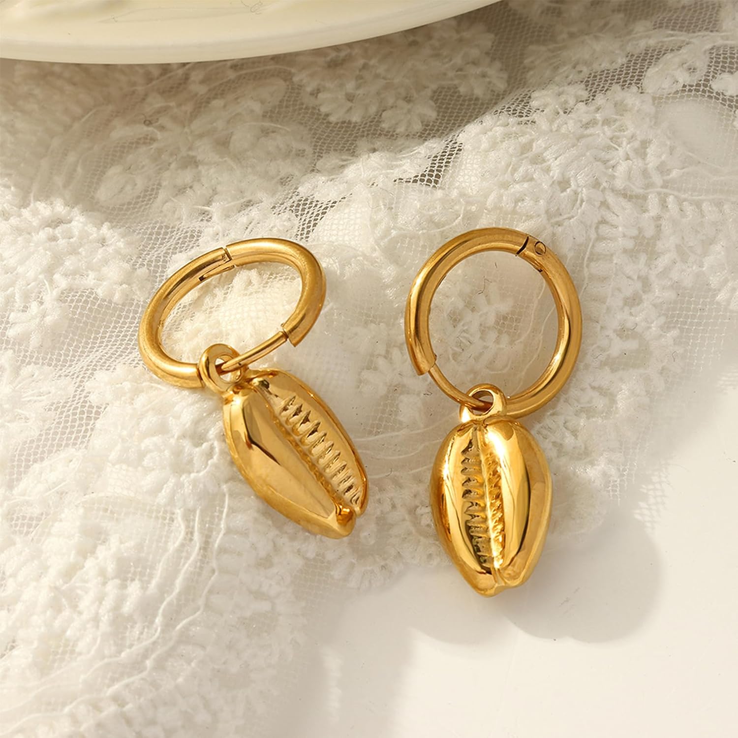 JeanBeau Gold Cowrie Shell Small Hoop Earrings for Women, Trendy Statement Seashell Dangling Huggie Earing Beach Summer Prom Jewelry Gift - Image 6