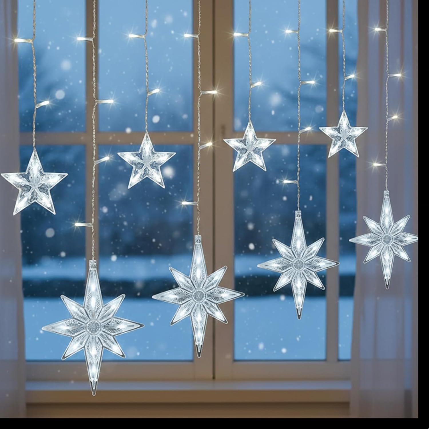 Christmas Star Icicle Lights 17.22ft 231 LED Waterproof Star String Light with 22 Drop 8 Modes Connectable Plug Hanging Decor for Home Eaves Indoor Outdoor Xmas Party Holiday(White)