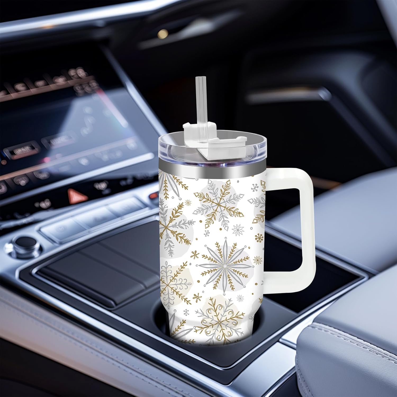 JarThenaAMCS Christmas Tumbler with Lid Straw 40 Oz Gold Silver Snowflake Stainless Steel Travel Tumbler Cup with Handle for Xmas Winter Iced Coffee Party Favor - Image 6