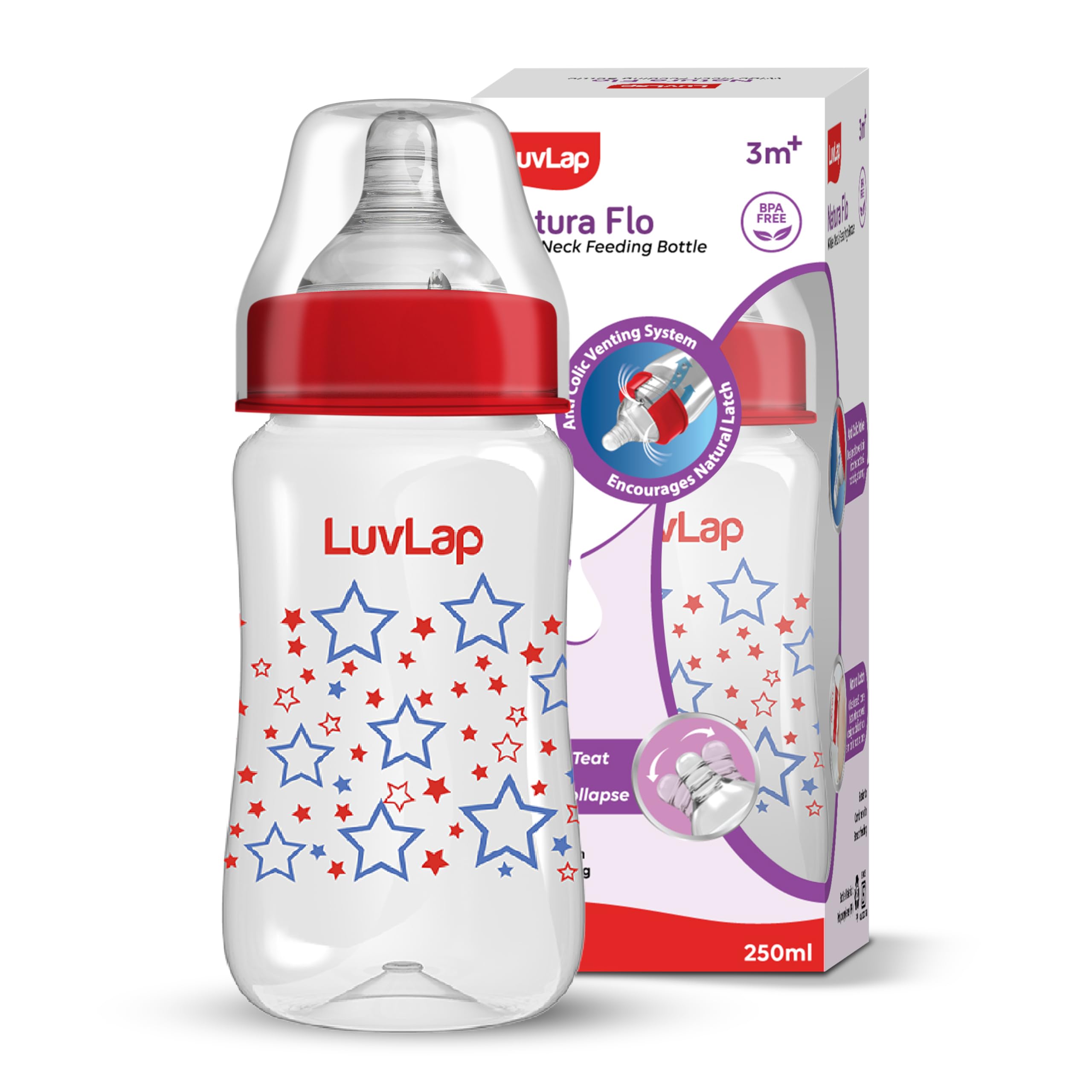 LuvLap Anti-Colic Wide Neck Natura Flo Baby Feeding Bottle, 250ml, New Born / Infants / Toddler upto 3 years, Stars, BPA Free-picture-33