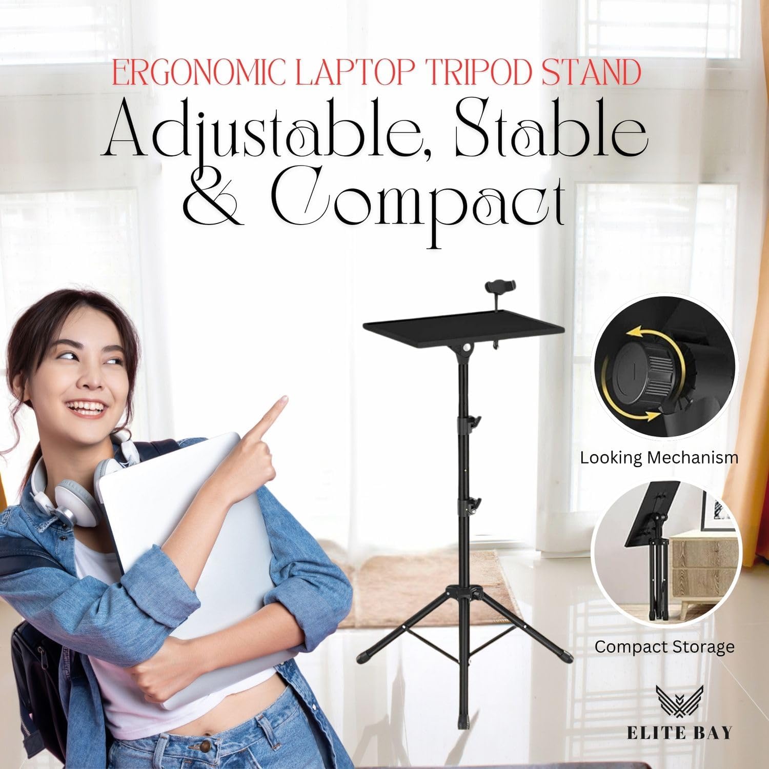 Adjustable Laptop Stand Tripod with Tray & Phone Mount – Heavy-Duty Alloy Tripod with 40.7x27.6cm Platform | Height Adjustable 0.65–1.6m | 15kg Load Capacity | Portable & Foldable