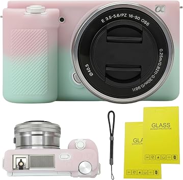 ZV-E10 Case, Soft Silicone Protective Case for Sony ZV-E10 ZVE10 Camera, with 2 Screen Protectors and 1 Wrist Strap. Pink-Green