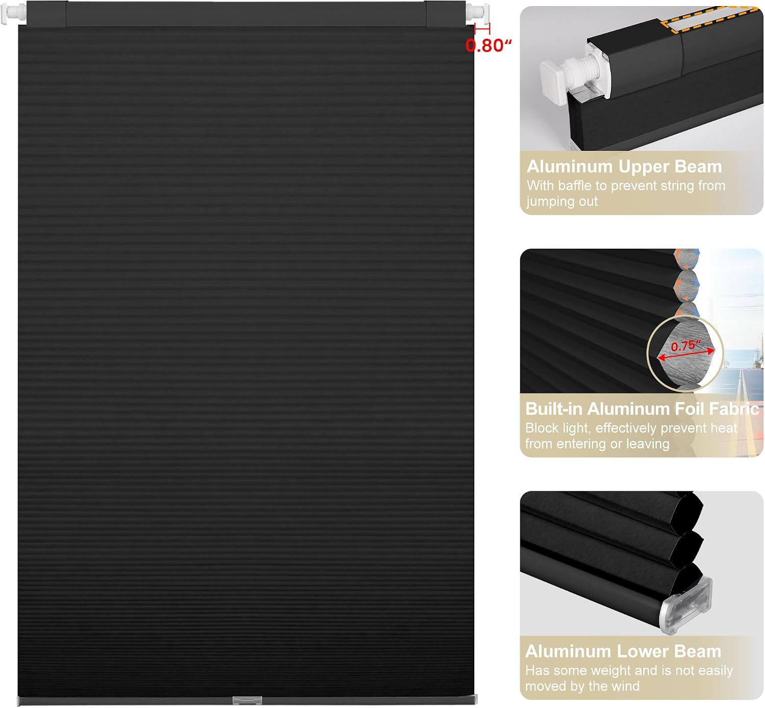 No Tools No Drill Cellular Shades Cordless, Blackout Cellular Window Blinds, Thermal Insulated Honeycomb Indoor Windows Shades for Home Office Dining Room, Easy to Install, 52"W x 48"H, Black