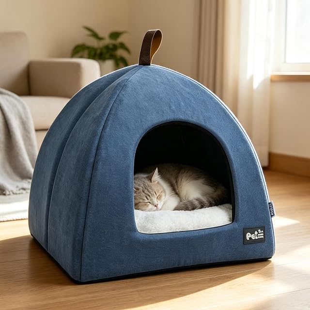 Petcute Cama Gato Cueva Suave, Carpa para Gatos Lavable con Cojín Extraíble y Fondo Antideslizante