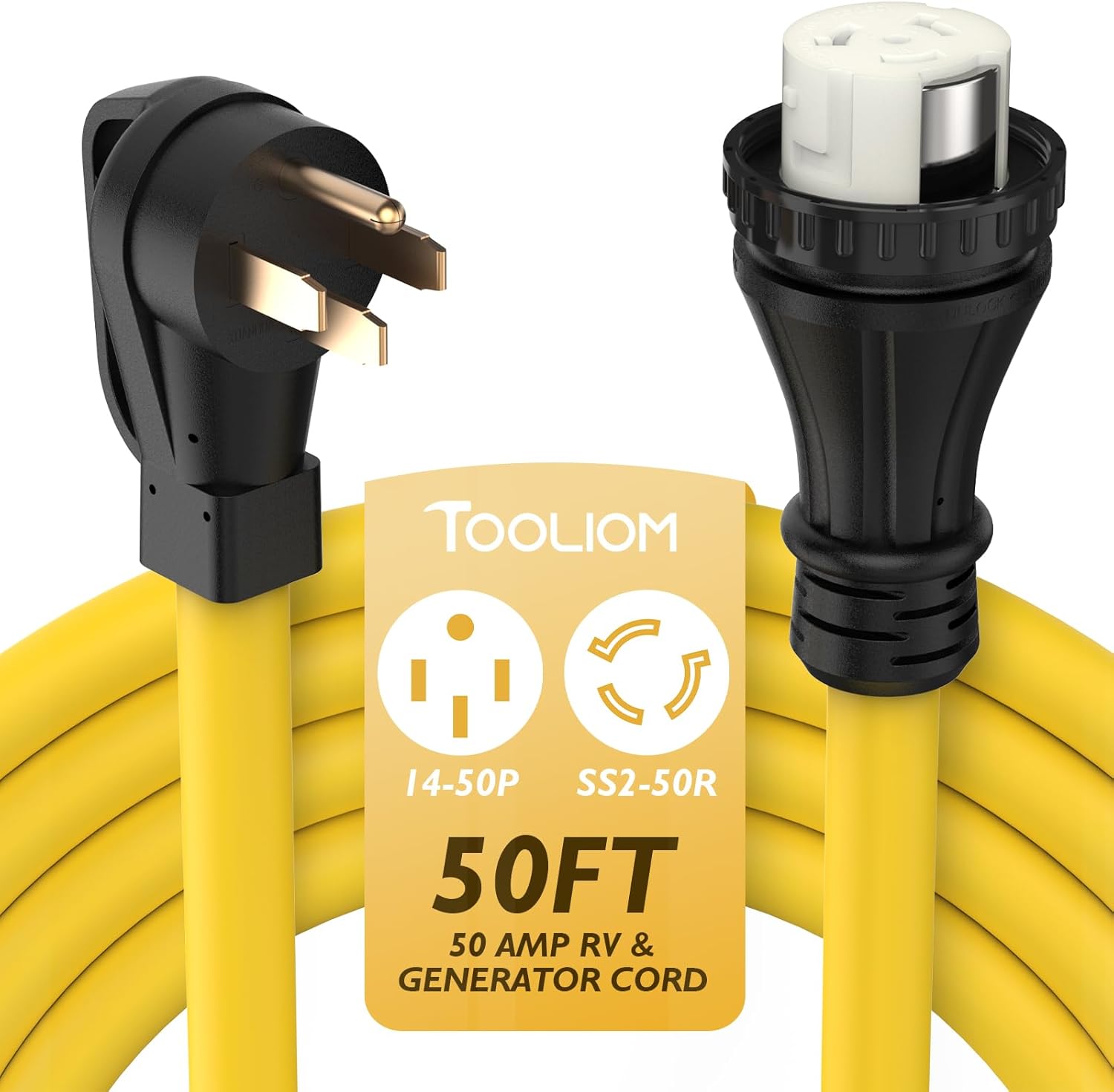 TOOLIOM 50 Amp Generator Cord, NEMA 14-50P/SS2-50R Twist Lock 50 AMP for RV, 125/250V 12500W 6/3+8/1 AWG STW Generator Extension Cord, ETL Listed (50FT)