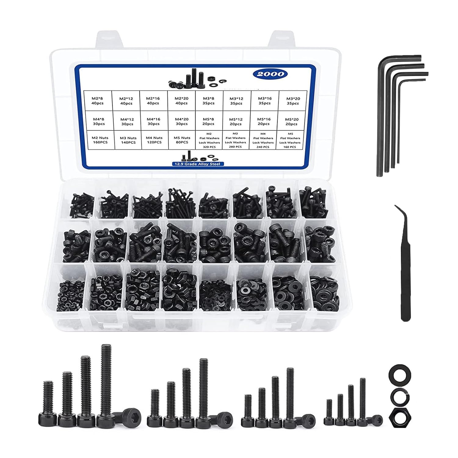 2000Pcs Metric Bolt Assortment M2 M3 M4 M5 Black Machine Screws Hex Socket Head Cap 12.9 Alloy Steel Assorted Bolts Nuts Washers Kit with Hex Wrenches for 3D Printer Furniture Industrial