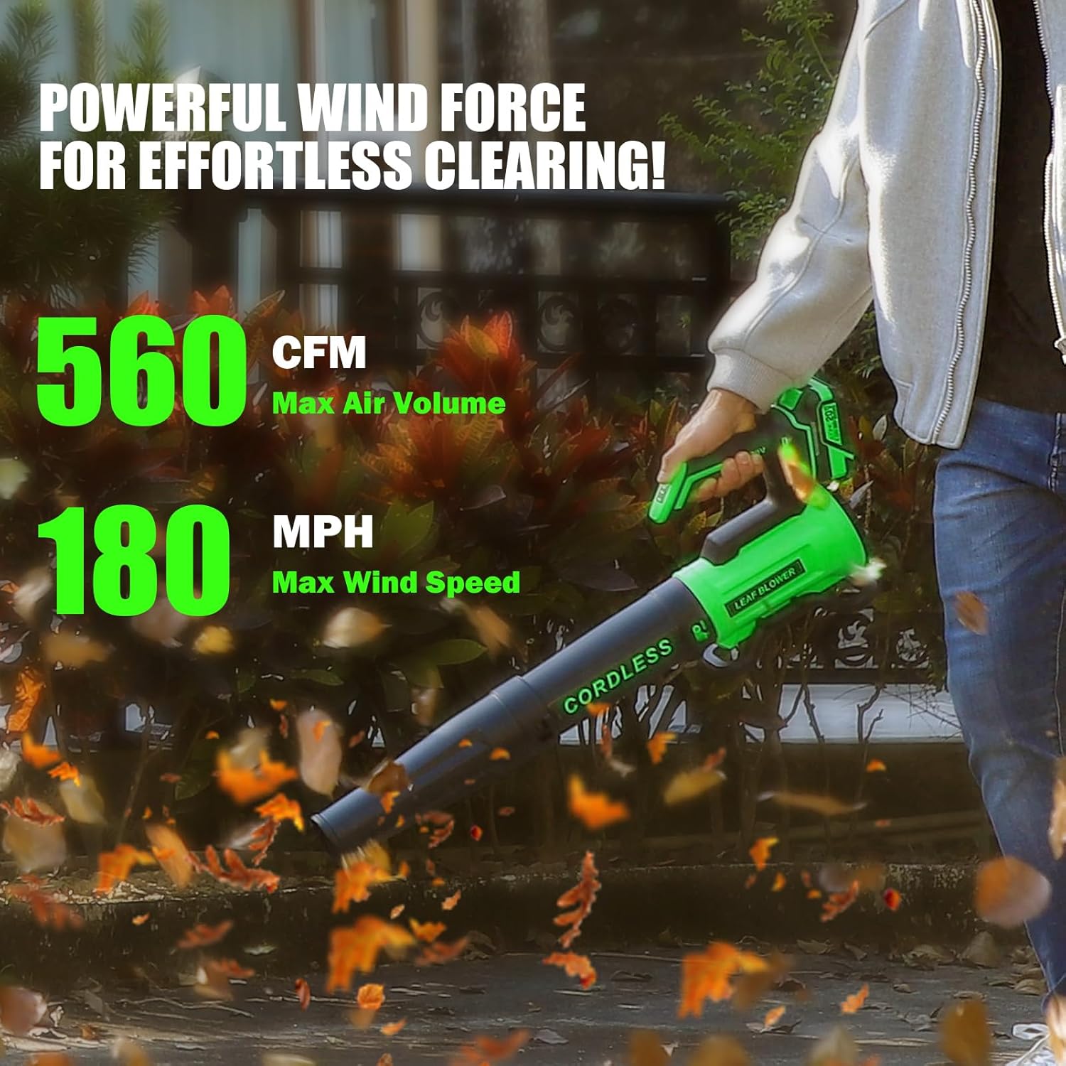 Leaf Blower Cordless with 2× 4.0Ah Batteries and Charger, 560CFM & 180MPH Lightweight Leaf Blower, 2 Speed Electronic Control, 20V Electric Blower for Driveway, Lawn & Yard Care - Image 2