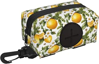 Dog Poop Bag Holder for Leash - Bee and Lemon Print Lightweight Soft Dog Poop Waste Bag Rolls Dispenser, Hook and Loop Fastening Dogs Walking Accessories with Zipper and Carabiner