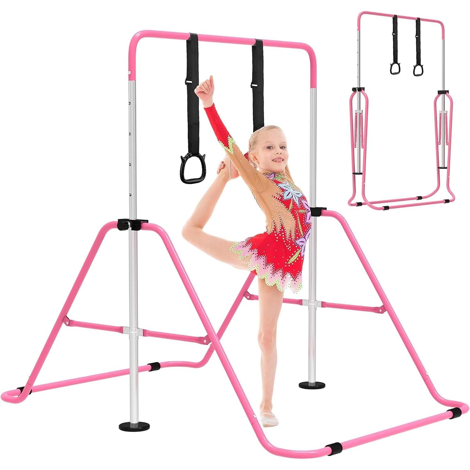 EVERYMILE Gymnastics Bars, Junior Training Kip Bar Gymnastics Equipment for Home，Adjustable Height Folding Gymnastic Horizontal Bars Monkey Bar with Gymnastics Rings for Kid...