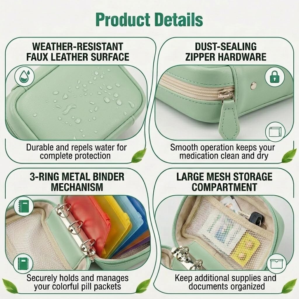 Ensemble de pilulier étanche avec 14 pochettes à fermeture éclair, sac à médicaments de voyage, grande pochette hebdomadaire et étui de rangement pour petits articles, 7 à 14 jours