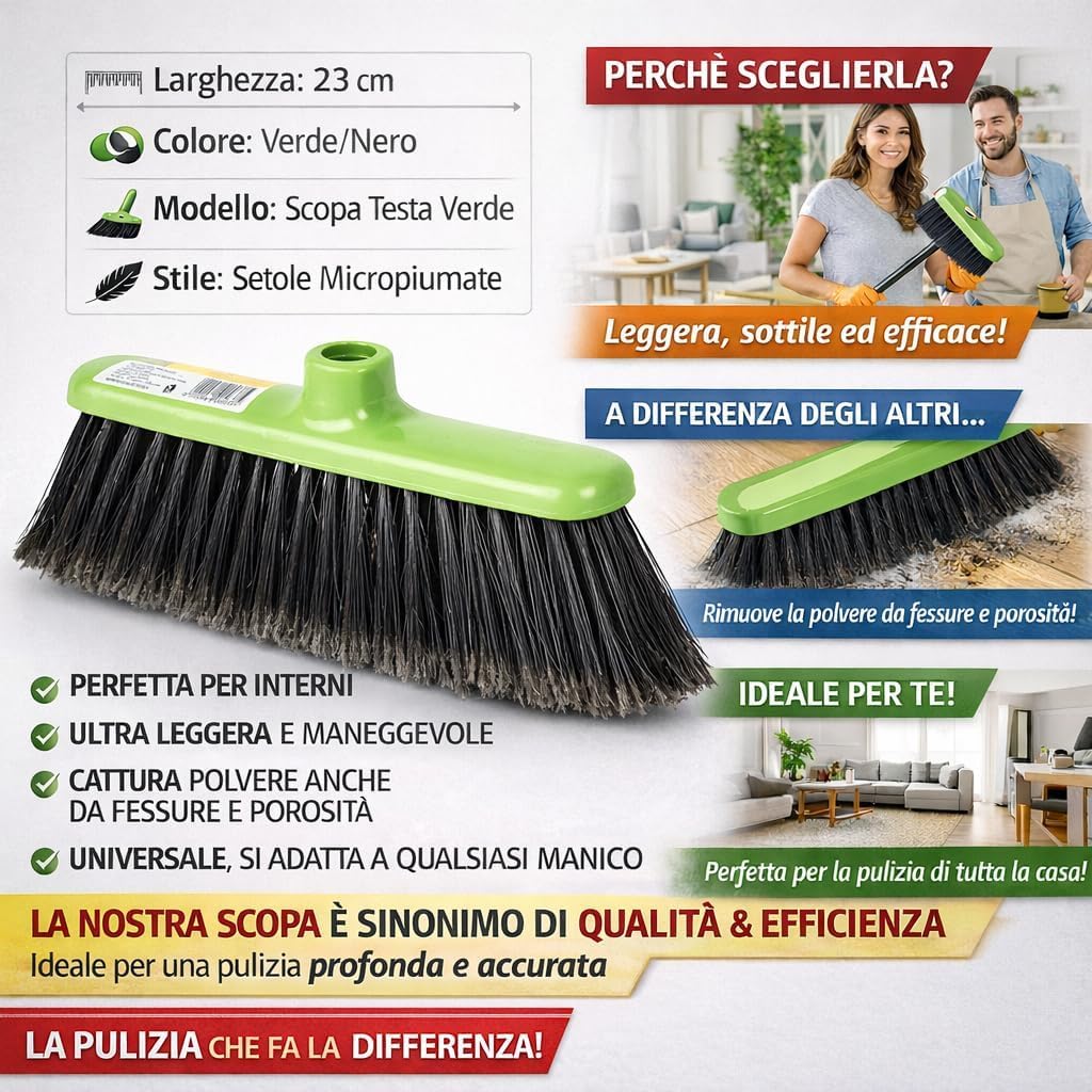 Scopa e Paletta con Manico Lungo 120 cm - Asta in Legno Filettato - Paletta Alzaimmondizia in Plastica - Setole Piumate per Pulizia