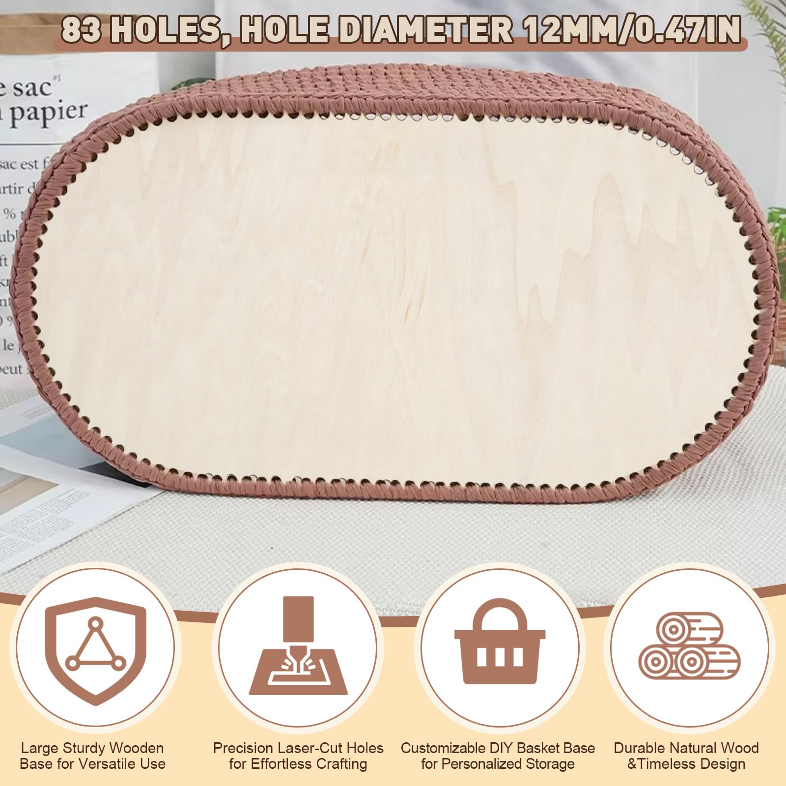 Pavimento in vimini per uncinetto, pavimento in legno per cestino all'uncinetto, vimini in legno naturale, decorazione per la casa, fai da te (80 x 45 cm, 12 mm)