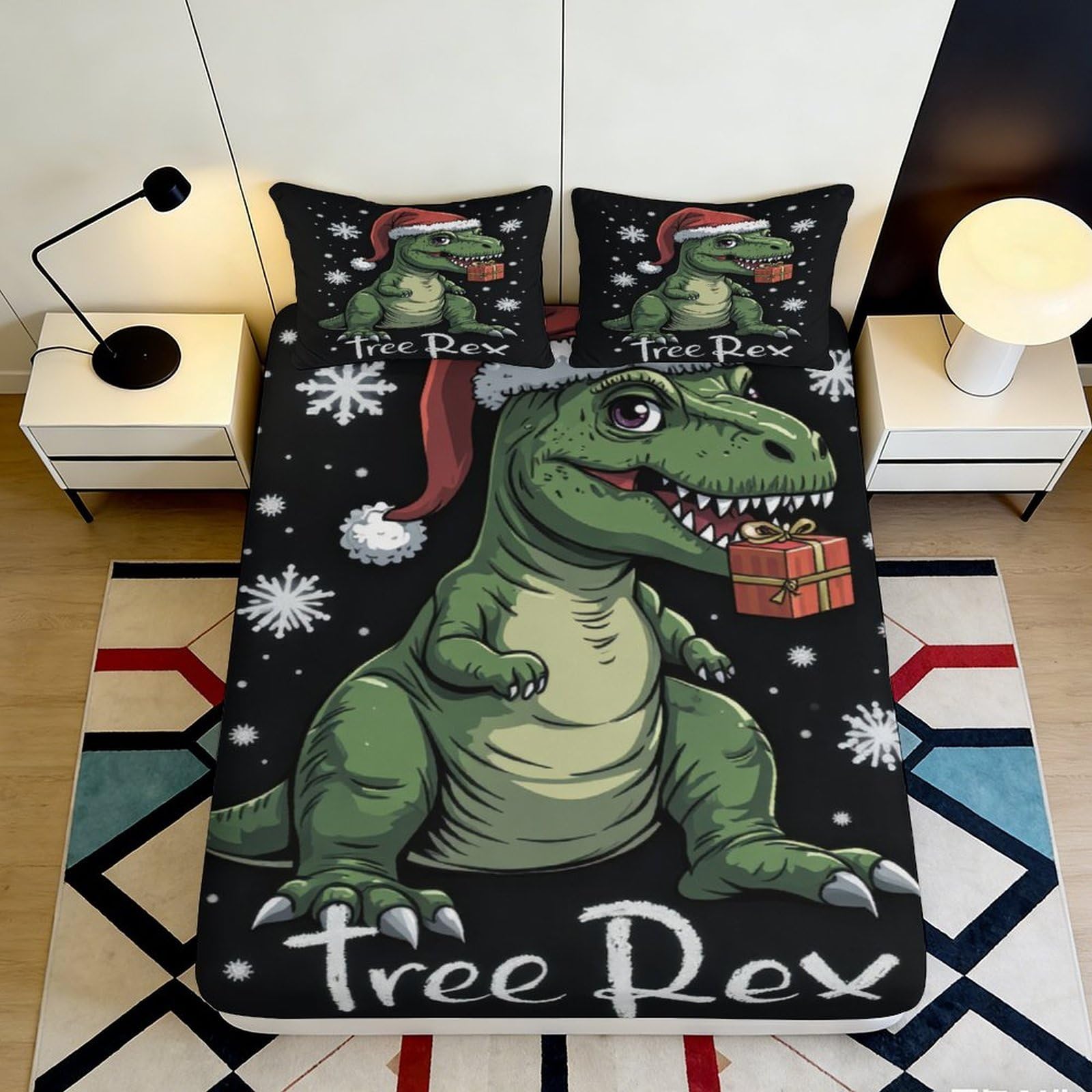 Pnayamiorkfel Style-2 3D Printed Christmas Dinosaur Fitted Sheet Microfiber Soft Tree Rex Bed Cover For Bedroom Guest Room Decor 90X200x25cm