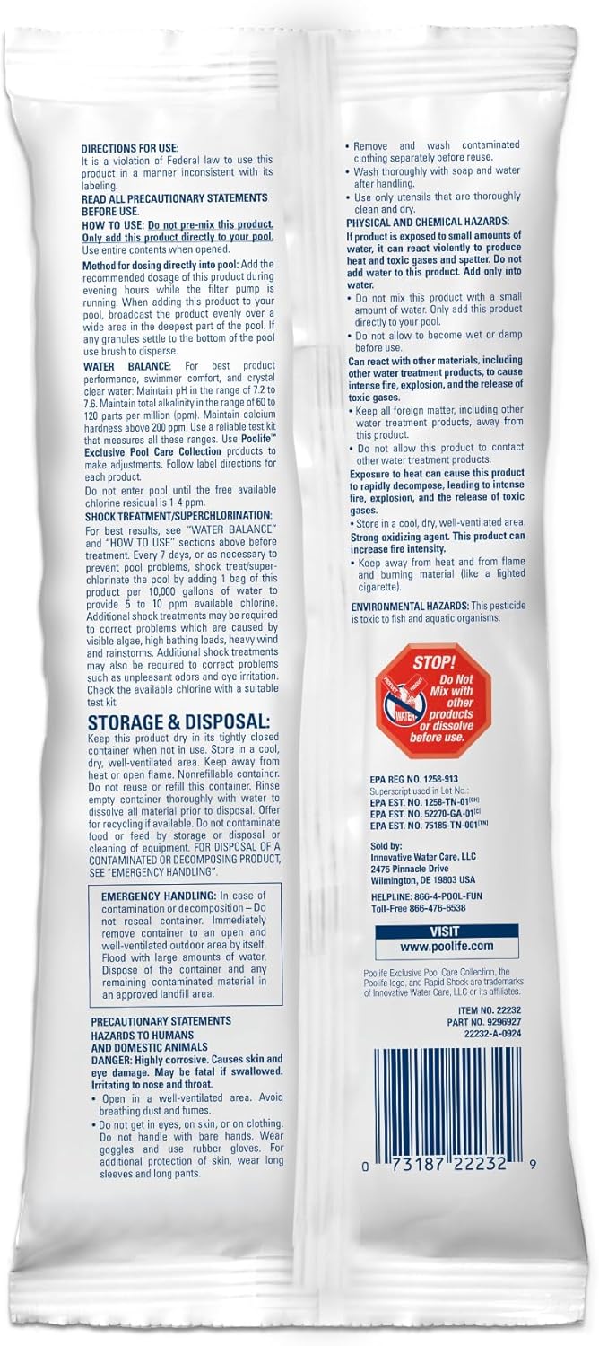 Poolife Rapid Shock for Pool Algae, Bacteria, Contaminant Removal - Fast-Dissolving, CYA-Free Calcium Hypochlorite Pool Shock for Clean Water - Chlorine Granules for Above/Inground Pools - 1lbx12 Bag