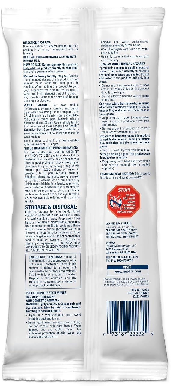 Poolife Rapid Shock for Pool Algae, Bacteria, Contaminant Removal - Fast-Dissolving, CYA-Free Calcium Hypochlorite Pool Shock for Clean Water - Chlorine Granules for Above/Inground Pools - 1lbx24 Bag