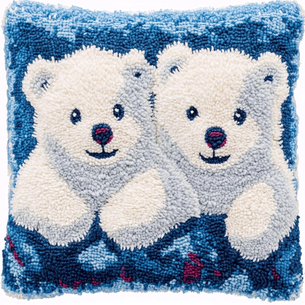 Taxpy Latch Hook Kits, Cartoon Bear Pillow DIY Rug Crochet Hook Cushion Making Kits with Preprinted Pattern Canvas DIY Handmade Sofa Cushion Kit 43x43cm