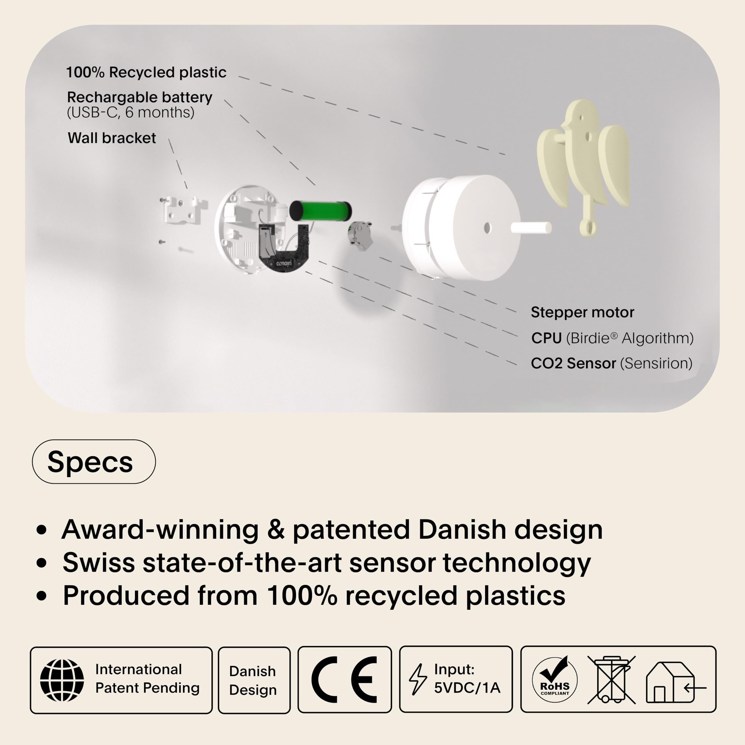 Monitor di CO₂ per interni Birdie Design – Misuratore della qualità dell'aria per casa e ufficio – Promuove il benessere mentale e fisico – Riduce i rischi per la salute (Duna, FullBirdie)