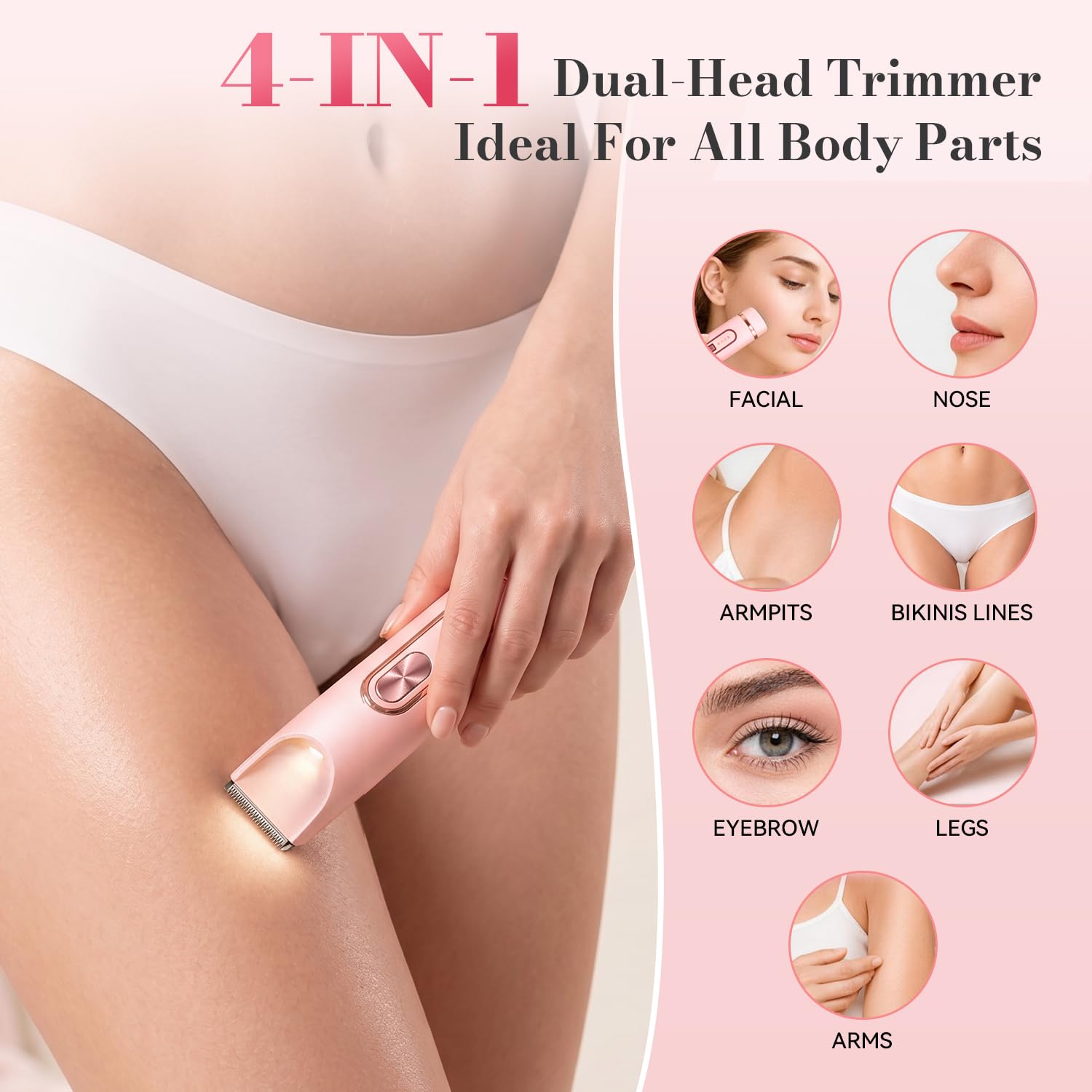 JTF Rasoio Elettrico Donna 4-in-1,Depilatore per Parti Intime, Bikini, Viso, Ascelle, Gambe e Braccia – IPX7 Impermeabile,Ricaricabile USB, Uso Bagnato e Asciutto (Rosa)