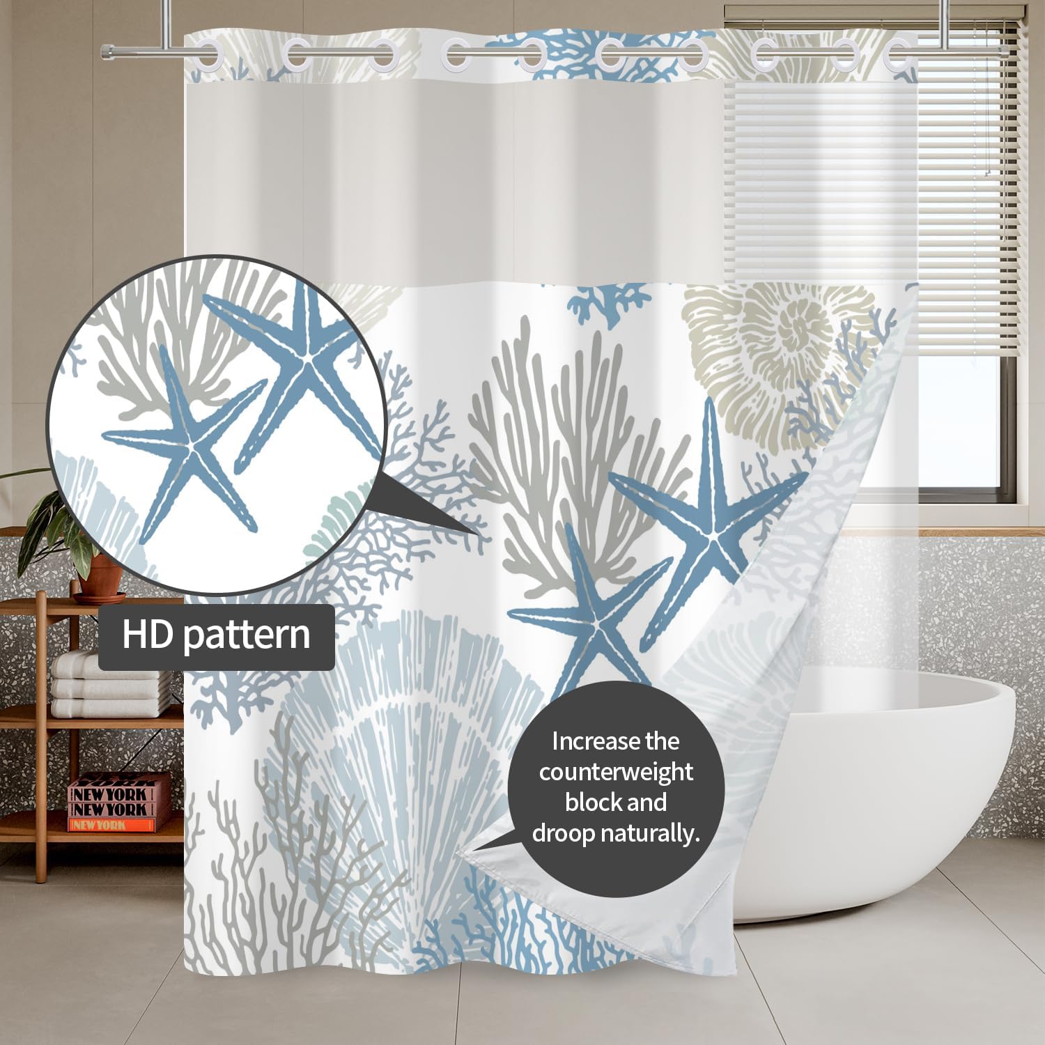 No Hook Nautical Coastal Shower Curtain with Snap in Liner Set Beach Blue Ocean Seashell Starfish Shower Curtain with Liner for Bathroom Double Layers Fabric Washable 71x74 Inch