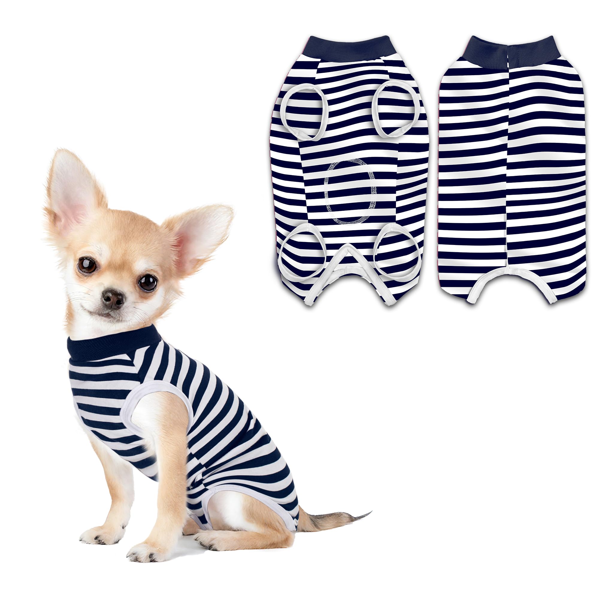 PawSailor Striped Dog Surgery Suit Female Male Dog Recovery Body Suit After Surgery, Soft Cotton Surgical Recovery Vest Pet Medical Shirt Button Closure, Wound Protection, Easy to Wear, Dark Navy XS โ image 1