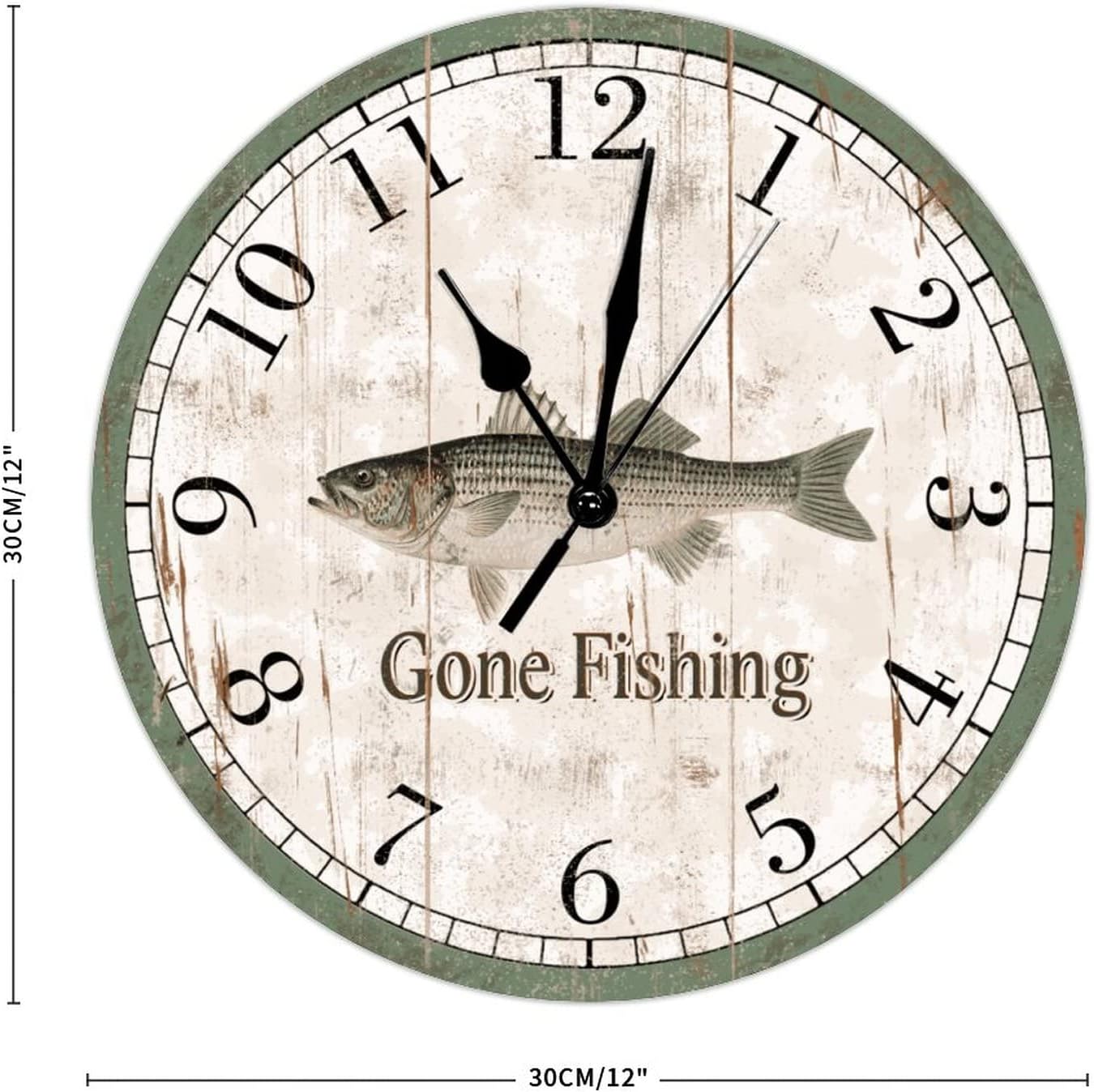 Go Fishing Wooden Wall Clock 12Inch Round Clocks Striped Bass Beach Decor Ocean Coastal Wall Clocks Silent Non Ticking Battery Operated Clock Vintage Farmhouse Beach for Dinning Living Room