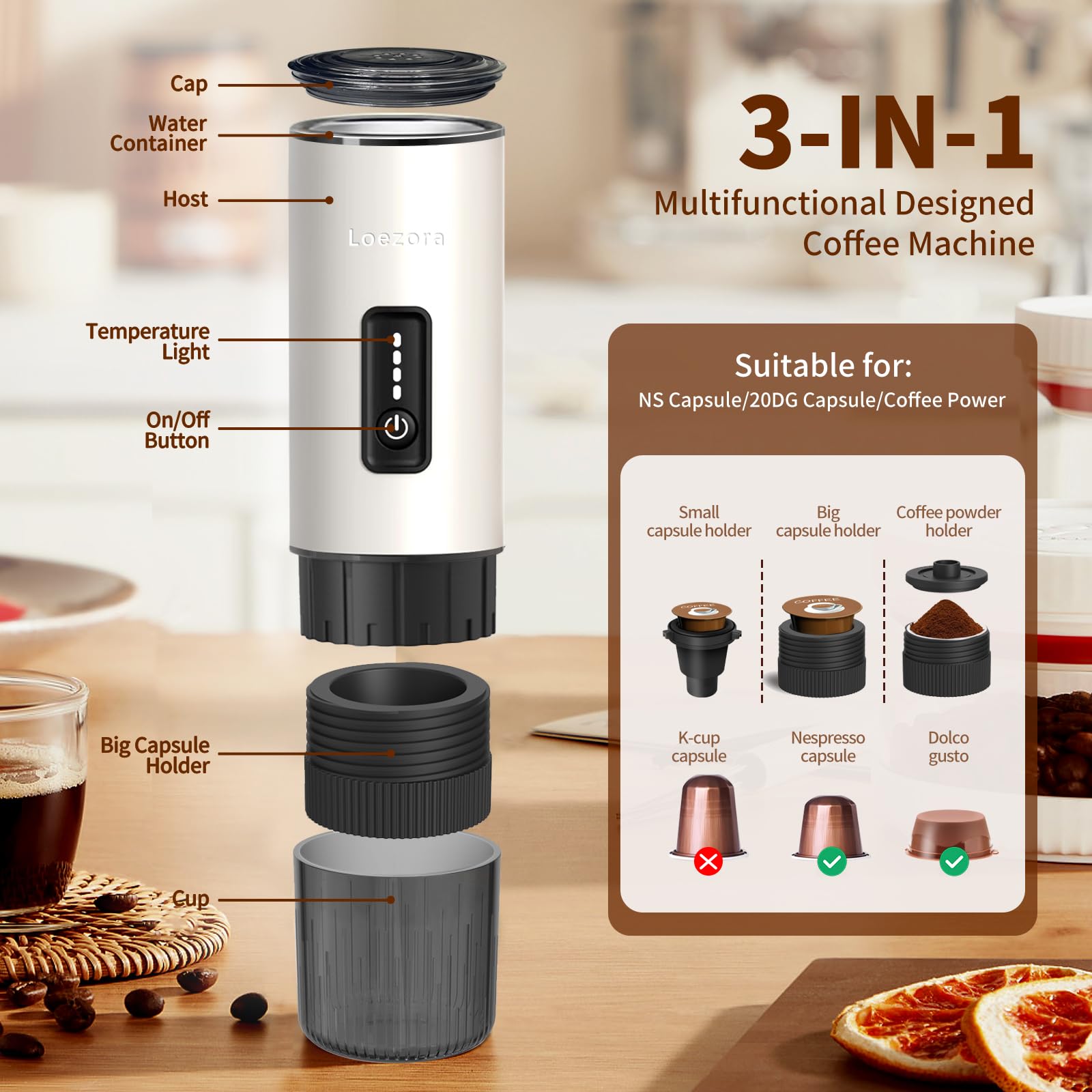 Cafetera espresso portátil, 20 bares | Autocalentamiento y infusión fría, batería de 7500 mAh, 3 en 1 para Nespresso y tierra, viajes, camping, coche, color blanco