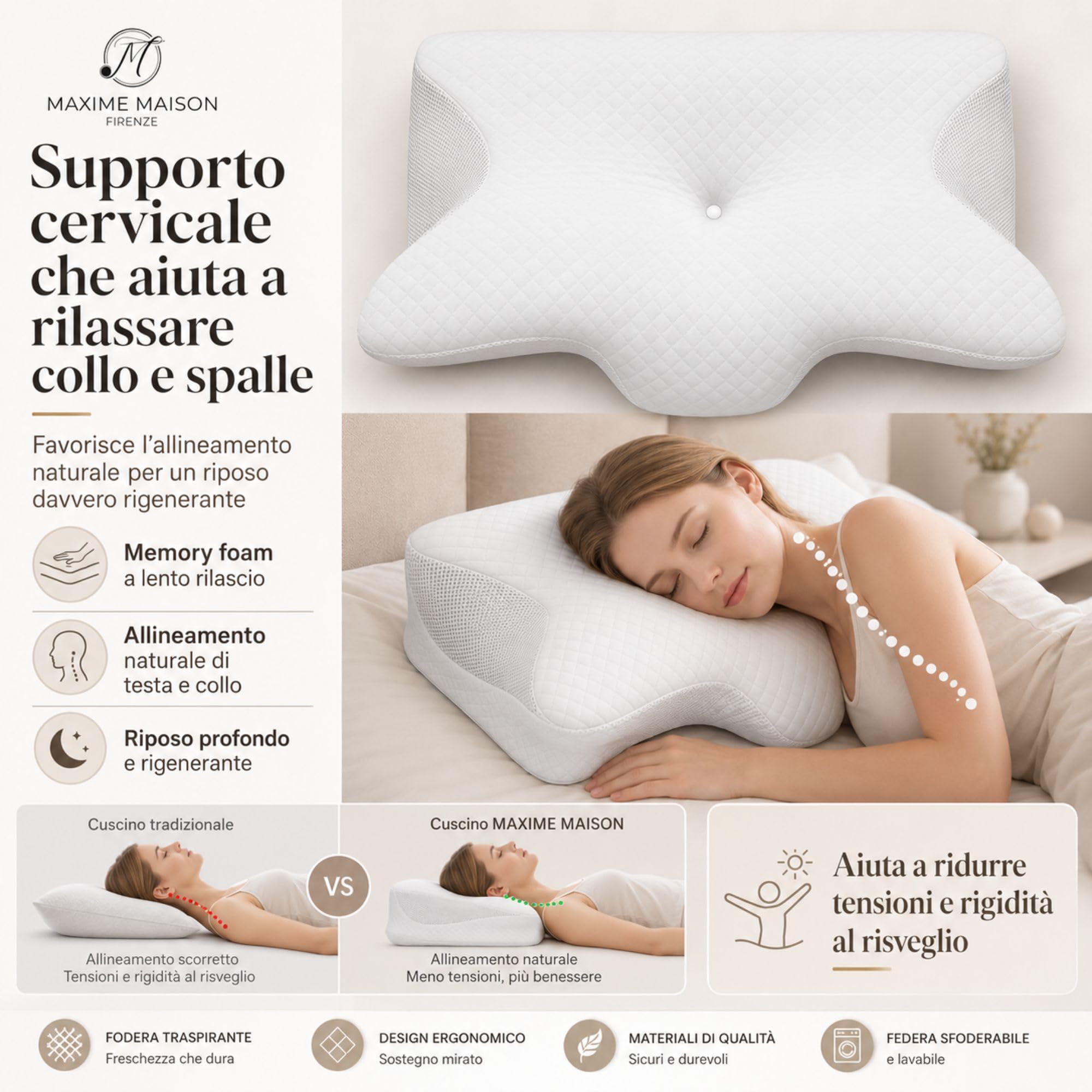 MAXIME MAISON - Cuscino Cervicale per Dormire Ergonomico in Memory Foam a Lento Rilascio, Prende le Forme del Viso e Dona un Riposo Profondo Prevenendo le Pieghe del Viso, Federa Sfoderabile