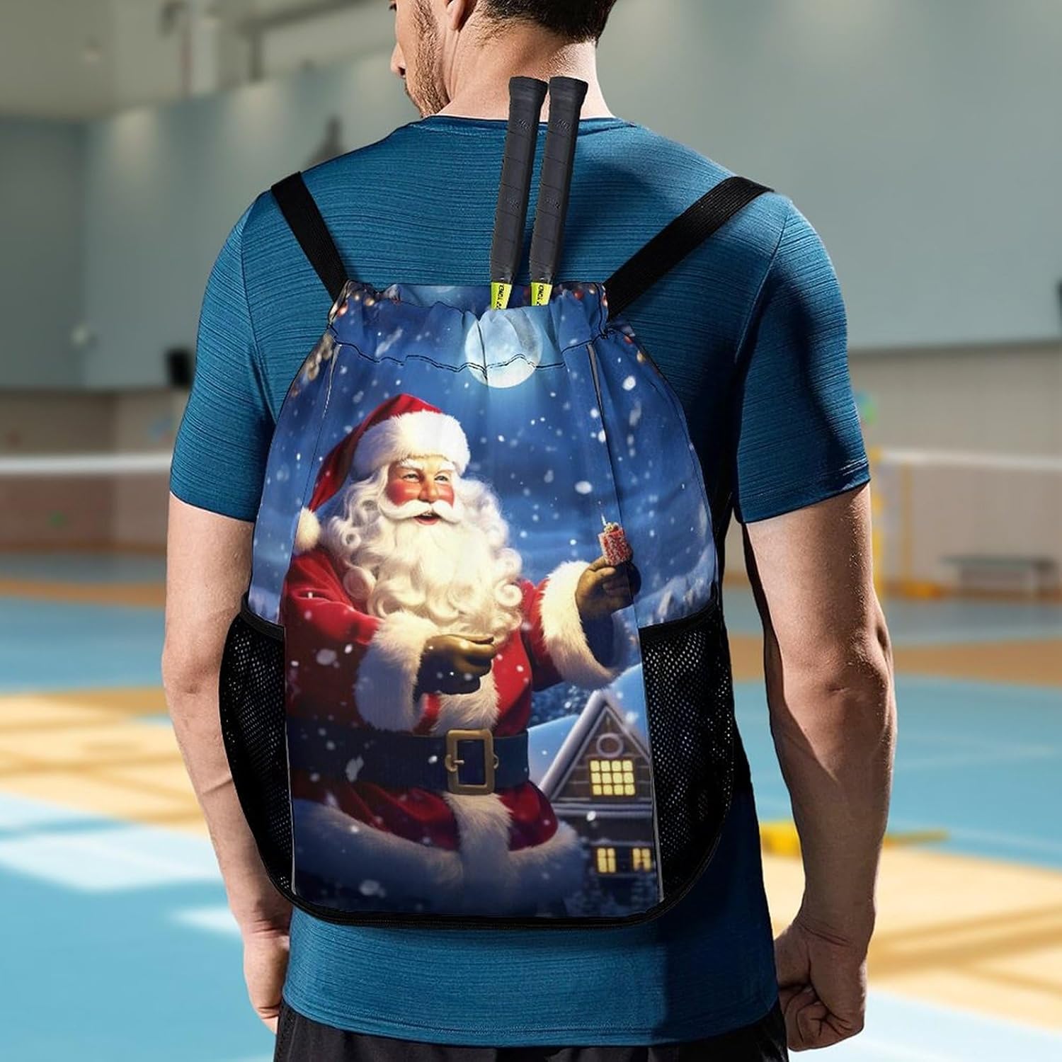 Small Gym Bag Winter Christmas Santa Printed Drawstring Gym Bag for Men Lightweight Waterproof Drawstring Backpack for Women with Shoe Compartment for Travel Tourism Work And Fitness