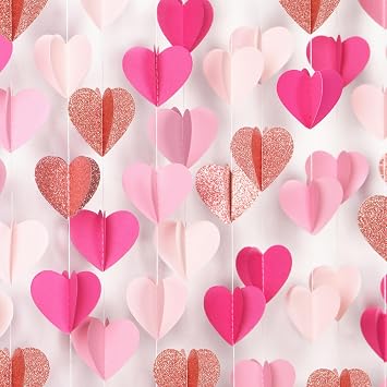 Rose-Gold Hot-Pink Party-Decorations Heart Garland - 39Ft Galentines Valentines Day 3D Wedding Bridal Shower Hanging Paper Streamers Banner,Baby Girl Birthday Bachelorette Mohters Decor Ouruola