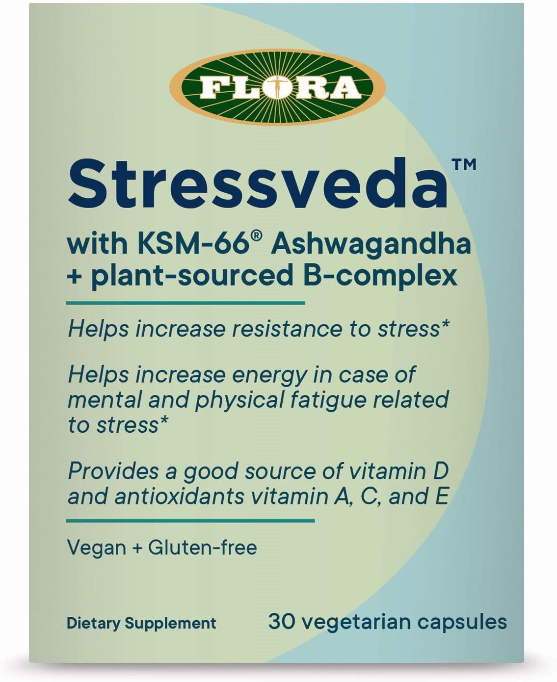 FloraHealth - Stressveda with KSM-66 Ashwagandha + Whole Food Vitamins B, D, C, E, Supports Stress Resistance & Energy, Vegan & Gluten-Free, 30 Vegetarian Capsules