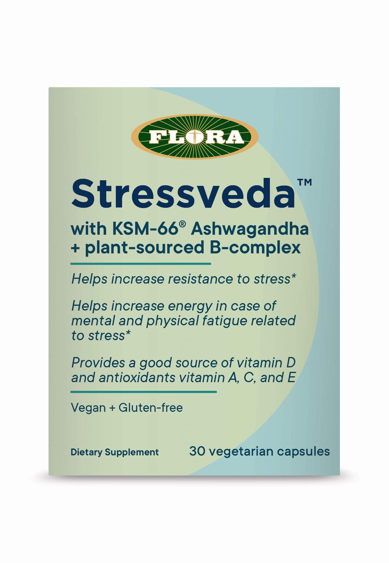 FloraHealth - Stressveda with KSM-66 Ashwagandha + Whole Food Vitamins B, D, C, E, Supports Stress Resistance & Energy, Vegan & Gluten-Free, 30 Vegetarian Capsules