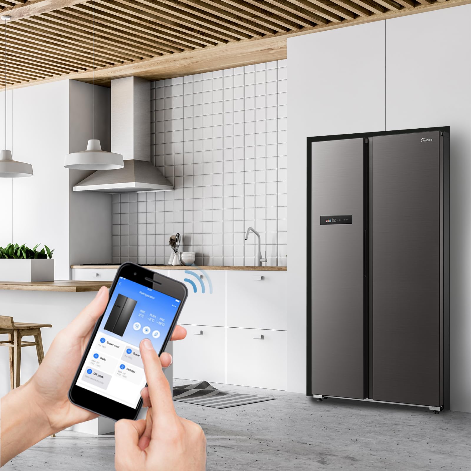 Midea MDRS791MIC28 lodówko-zamrażarka Side-by-Side/No Frost/sterowanie WiFi/Inwerter/Inverter Compressor/176,5 cm wysokości/379 l chłodzenie/213 l zamrażanie/podwójne sterowanie/SuperCool/37 dB, kolor