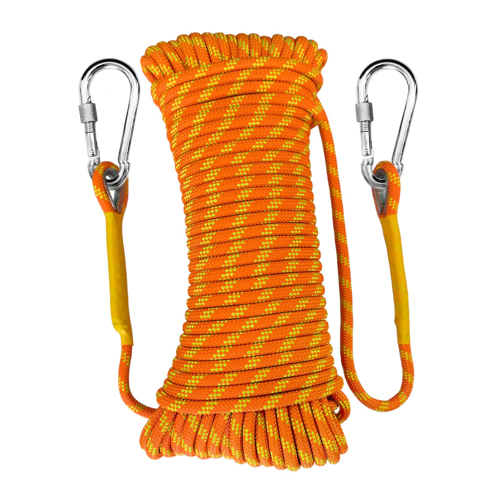 Corde d'escalade statique 10m 12mm avec 2 mousquetons acier certification UIAA orange réfléchissante