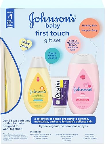 Johnson's First Touch Baby Gift Set, Baby Bath, productos esenciales para la piel y el cabello, kit para nuevos padres con lavado y champú, loción y