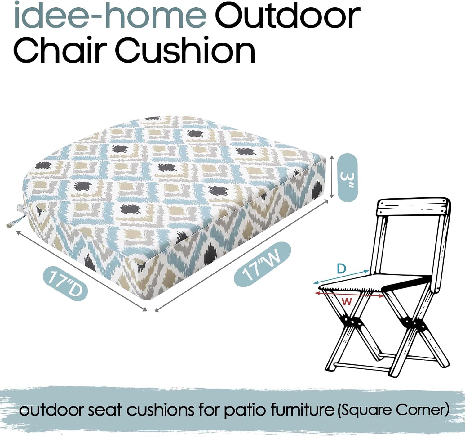 idee-home Outdoor Chair Cushions Set of 2, Thick 17" x 17" x 3" Outdoor Seat Cushions Patio Furniture Waterproof with Ties, Dining Pads