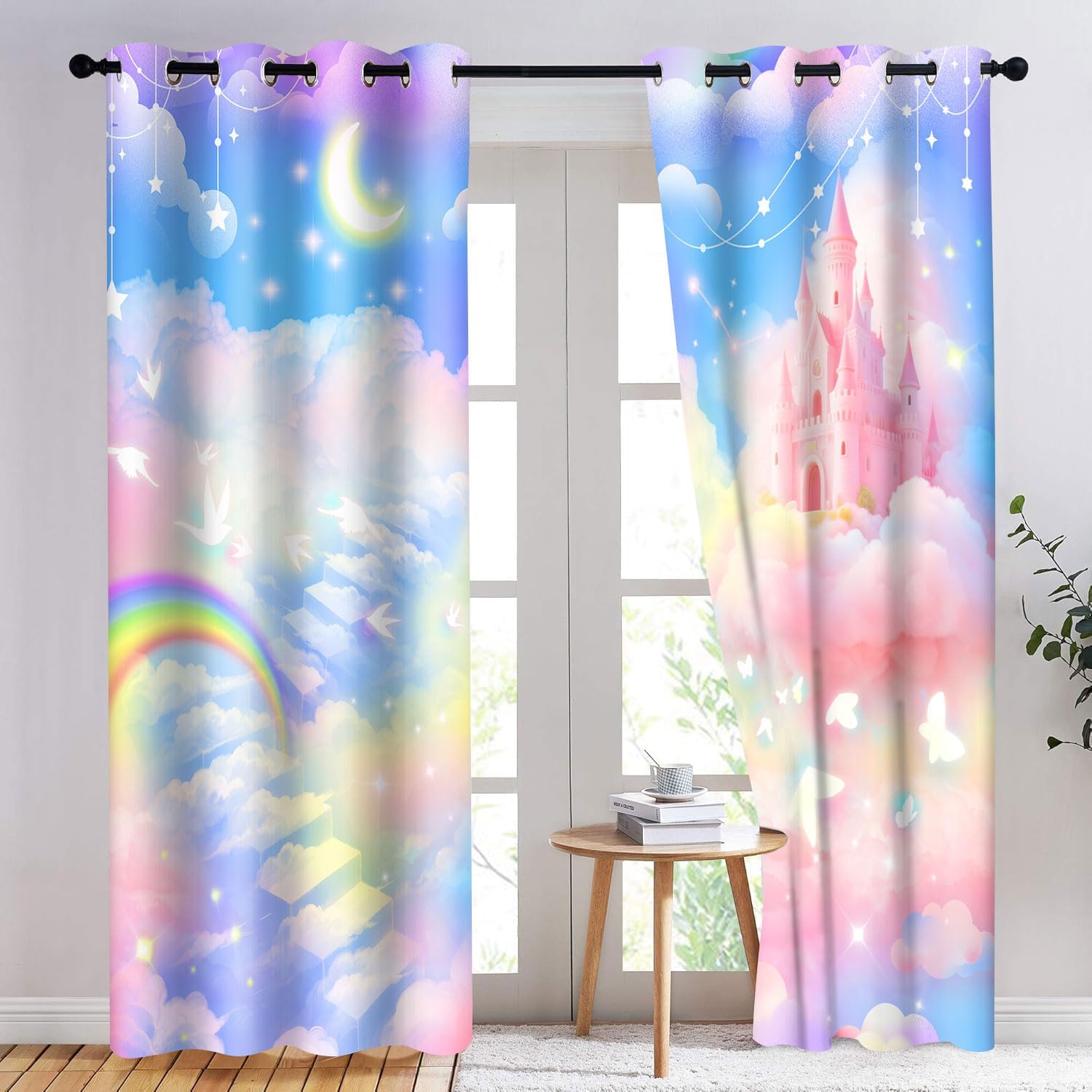 Princess Castle Curtains for Kids Bedroom,4284inch Dreamland Pastel Clouds Starry Moon Blackout Curtain, Fairytale World Colorful Drapes for Baby Nursery Decoration 2Panels HI14YL