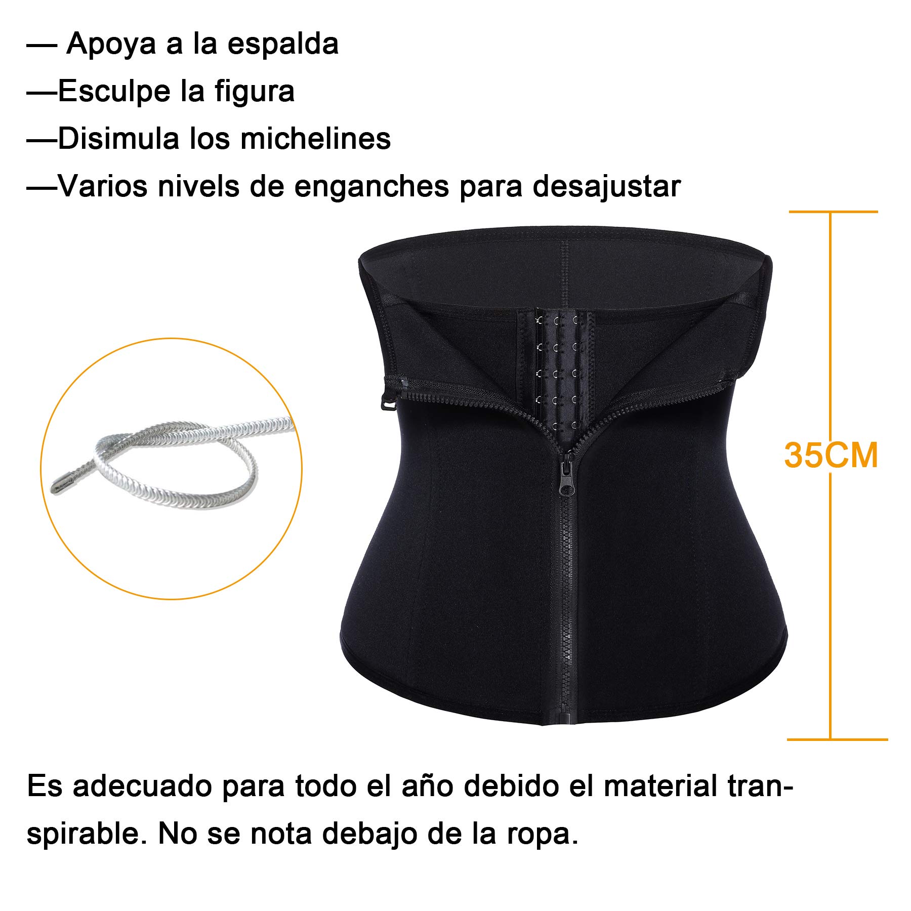 Faja Cintura Entrenador Con Cremallera Corset Reductora Mujer Deporte Mallas Neopreno Waist Trainer Abdomen Lumbar Moldeadora Bustier (Negro, Medium)