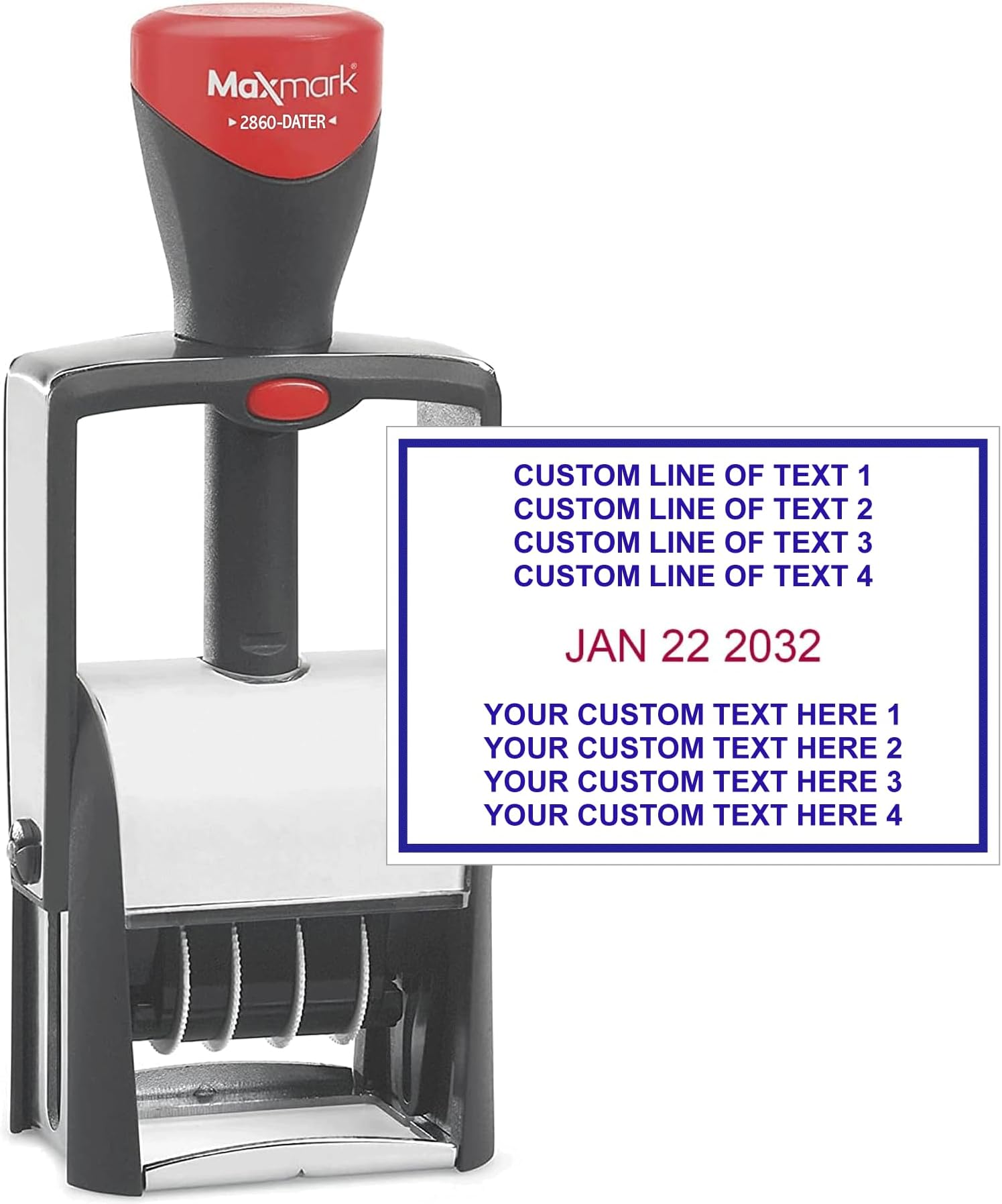 - MaxMark Heavy Duty Date Stamp with 8-Line Custom Text, Self Inking Date Stamp - 2860 - Choose from Many Font and Color Options