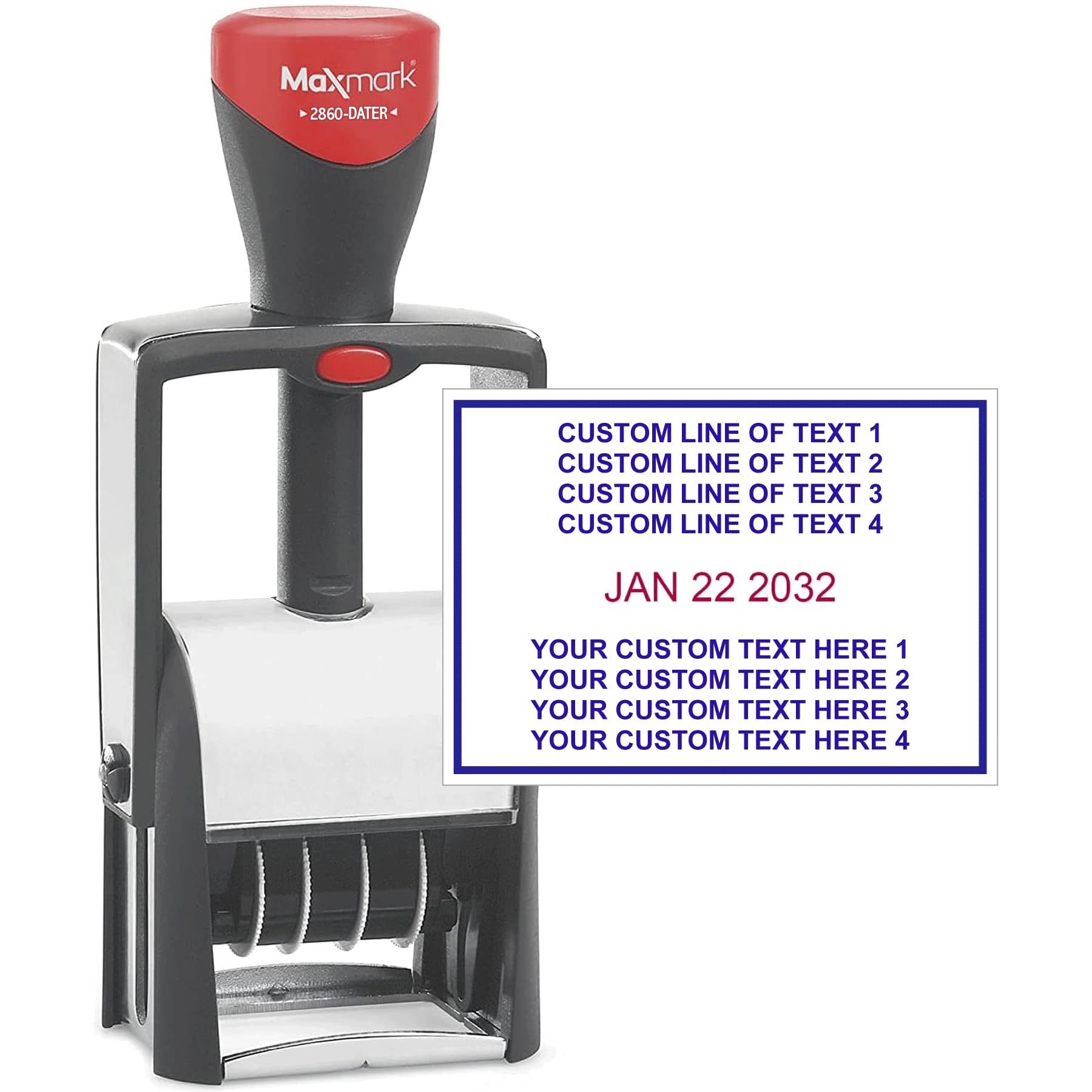 MaxMarkHeavy Duty Date Stamp with 8-Line Custom Text, Self Inking Date Stamp - 2860 - Choose from Many Font and Color Options