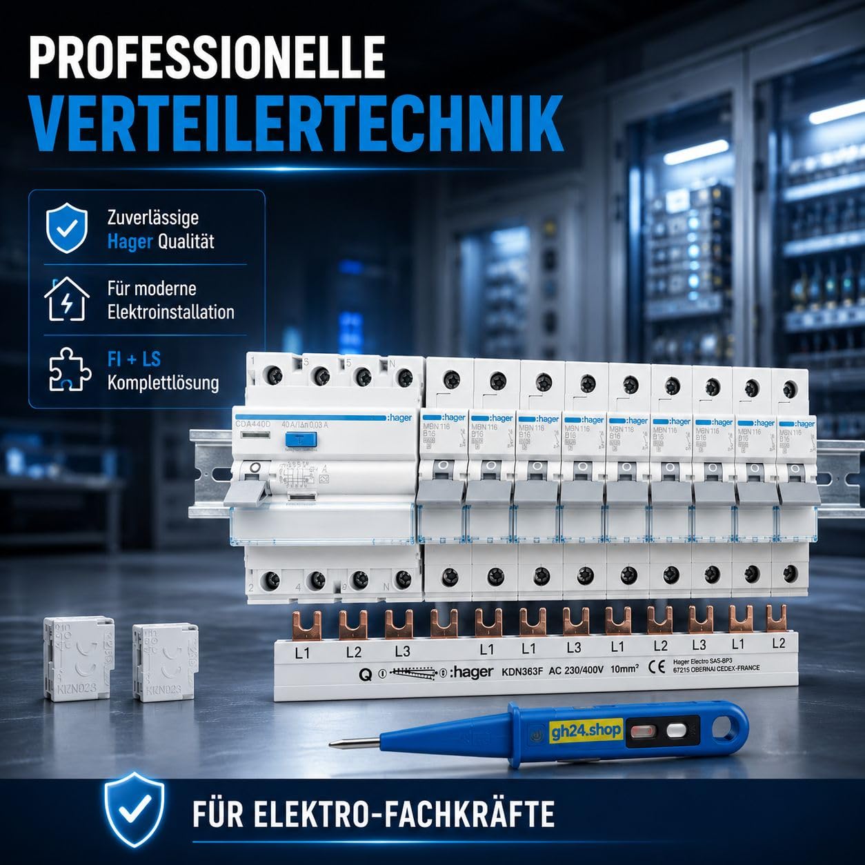 HAGER FI Schutzschalter Set 40A 30mA 4-polig 3P+N mit 8x B16A Sicherungsautomat 6kA, FI LS Paket für Unterverteilung Schaltschrank DIN Hutschiene inkl. Kammschiene und gh24 Phasenprüfer