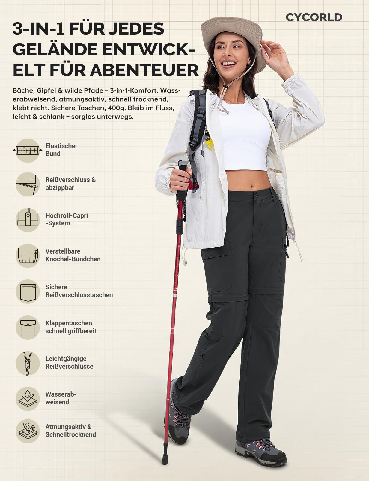 Cycorld Damen-Wanderhose-Zip-Off-Trekkinghose, Atmungsaktiv Wanderhose Damen Schnell Stretch Trekkinghose Abnehmbar Zip Off Outdoorhose Sommer Hiking Pants Funktionshose