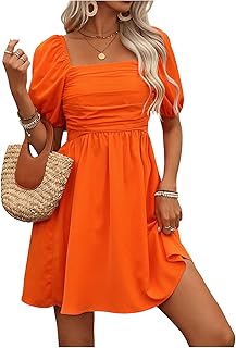 Women's Puff Short Sleeve Boho Dress Square Neck Summer A Line Dresses