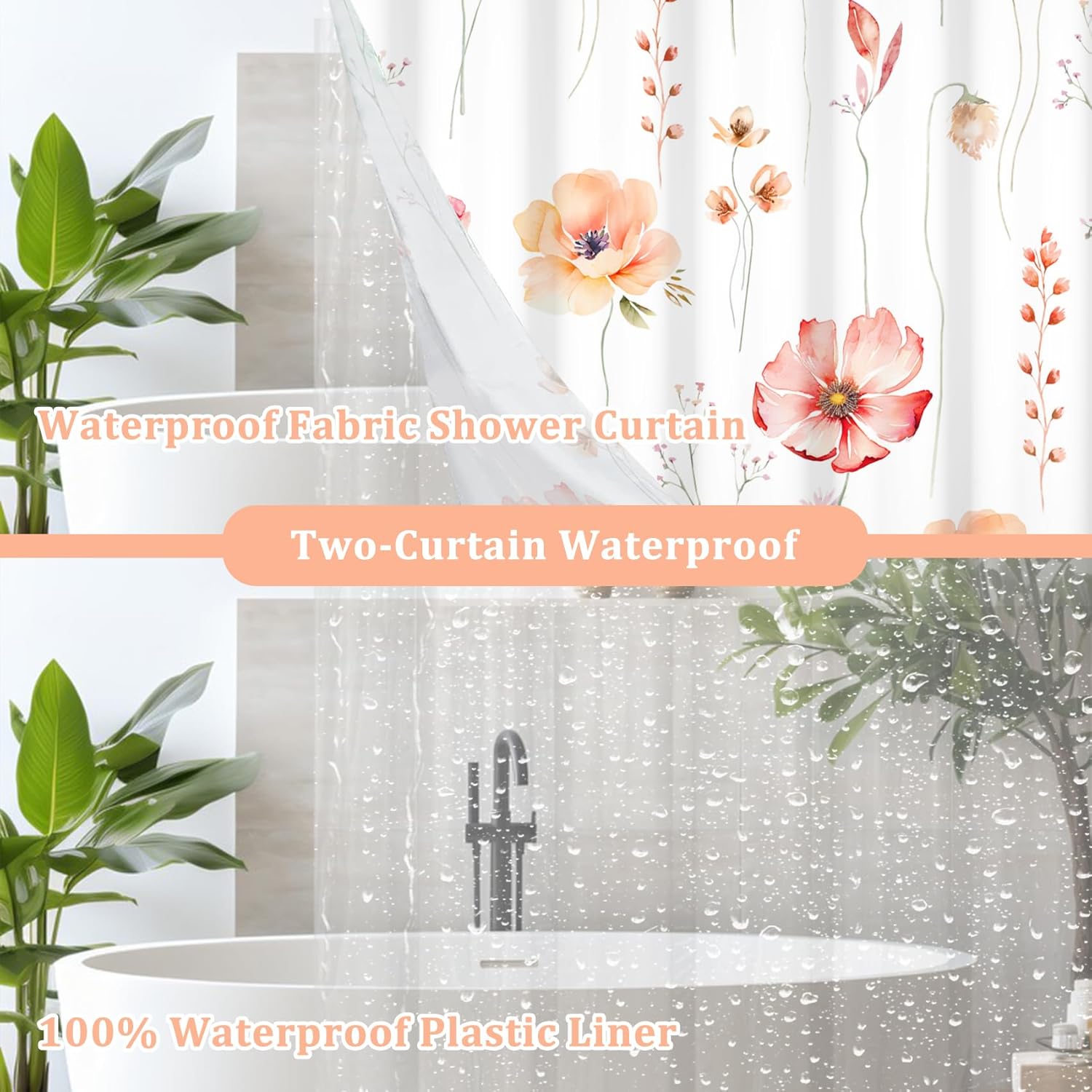 AWERT Shower Curtain with Liner 3 in 1 Shower Curtain Set Coral Beige Floral Shower Curtain and Liner Set Clear PEVA Liner with 12 Rust Proof Hooks 70x70 inch