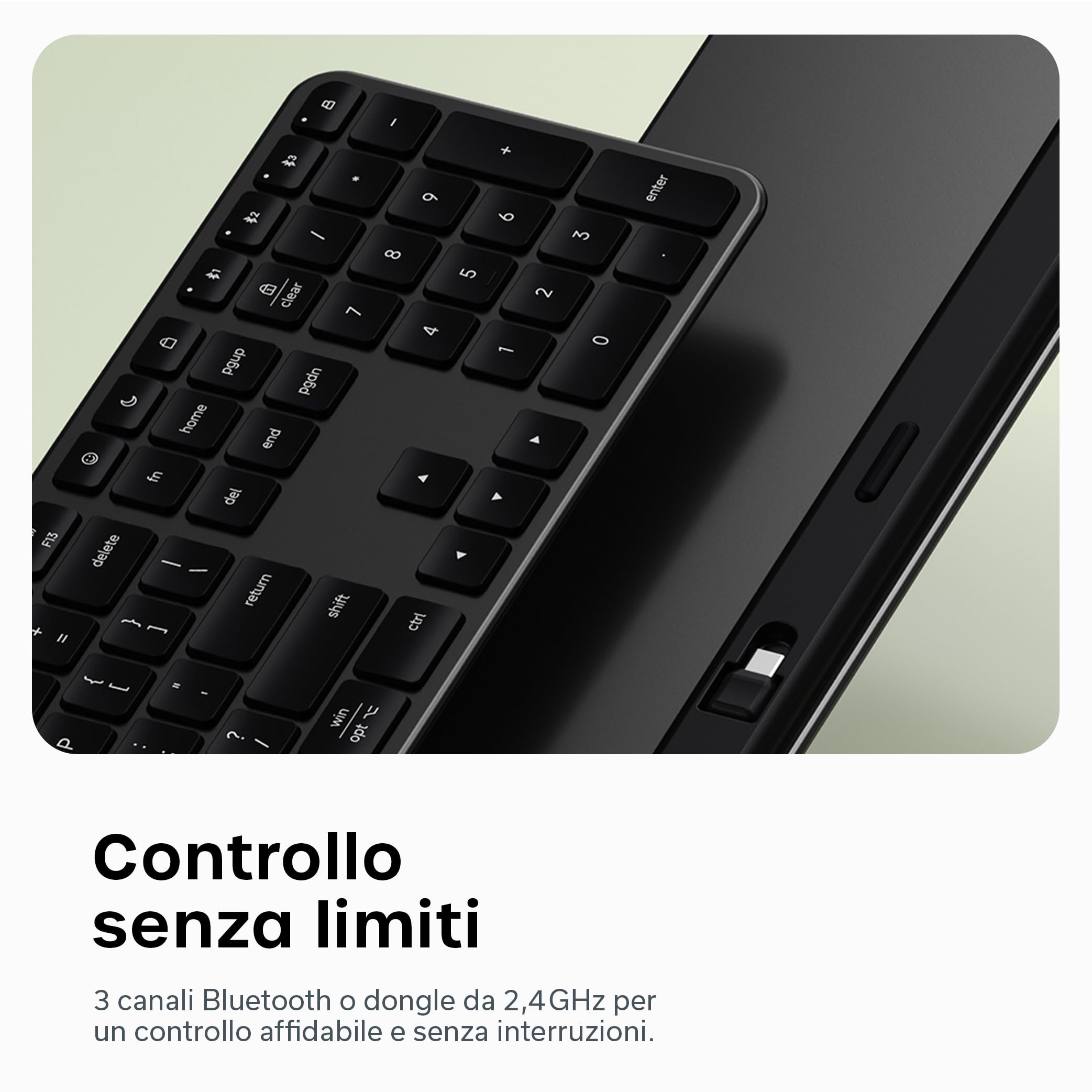 Satechi Tastiera Wireless Slim EX3, Layout 𝗤𝗪𝗘𝗥𝗧𝗬 𝗨𝗦, Bluetooth con Tastierino Numerico, Multi-Dispositivo, Ricevitore 2,4 GHz E Ricaricabile, per Mac, Windows E Android – Nero