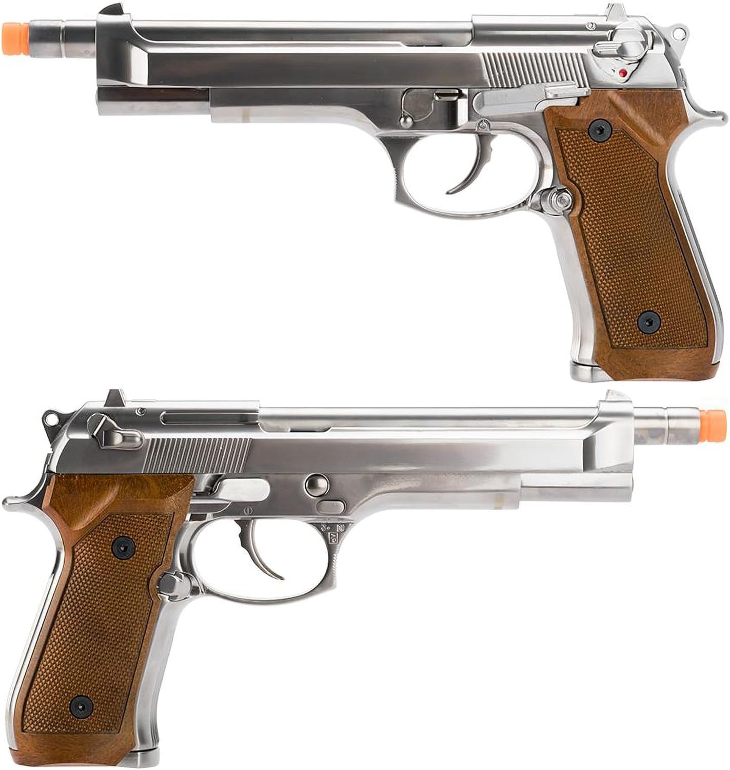 Evike Airsoft - WE-Tech High Power Elite M9 PTP GBB Airsoft Pistol - Chrome/Wood - (PID: 32152)