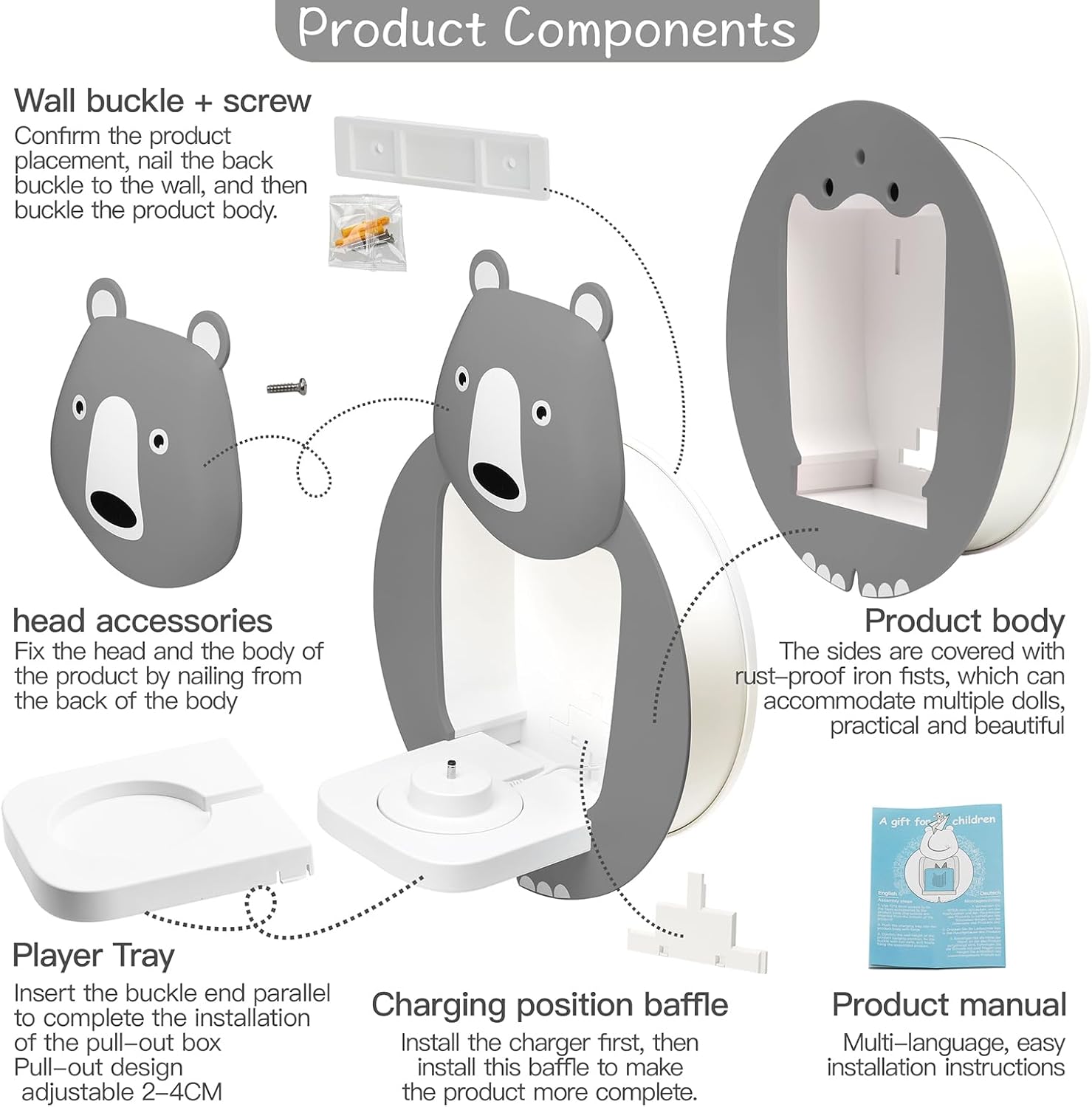 TonieBox Storage, Tonies Storage Shelf,Creative Bear Design Children's Magnetic Tonies Shelf,30-40pcs Tonies Figures Floating Shelf for Tonies Figures Display(Grey).