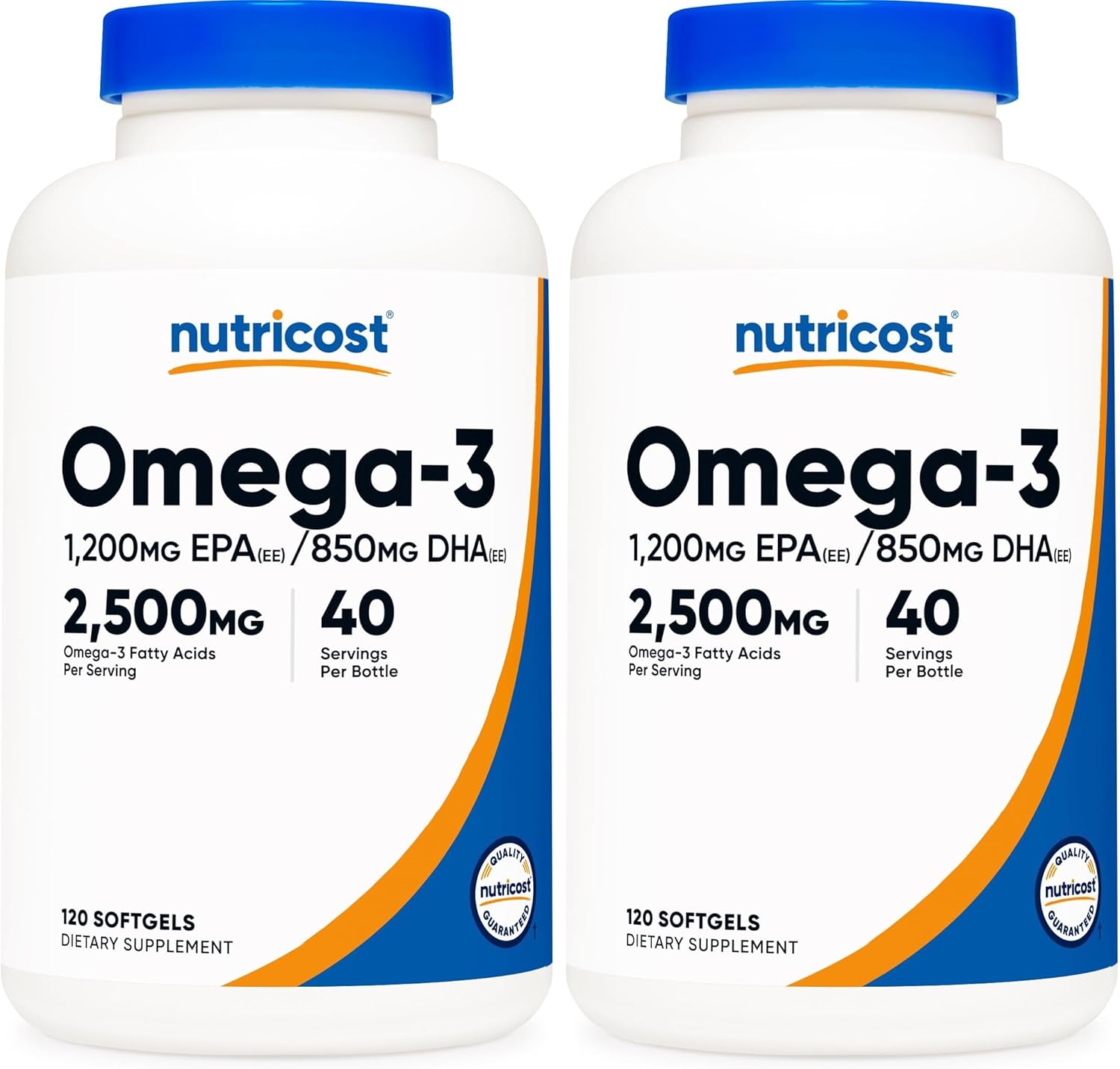 Nutricost Omega 3 Fish Oil - 2500MG, 120 Softgels (40 Serv) - Fish Oil, Wild Caught! 1200mg EPA 850mg DHA - Non-GMO, Gluten Free (Pack of 2)