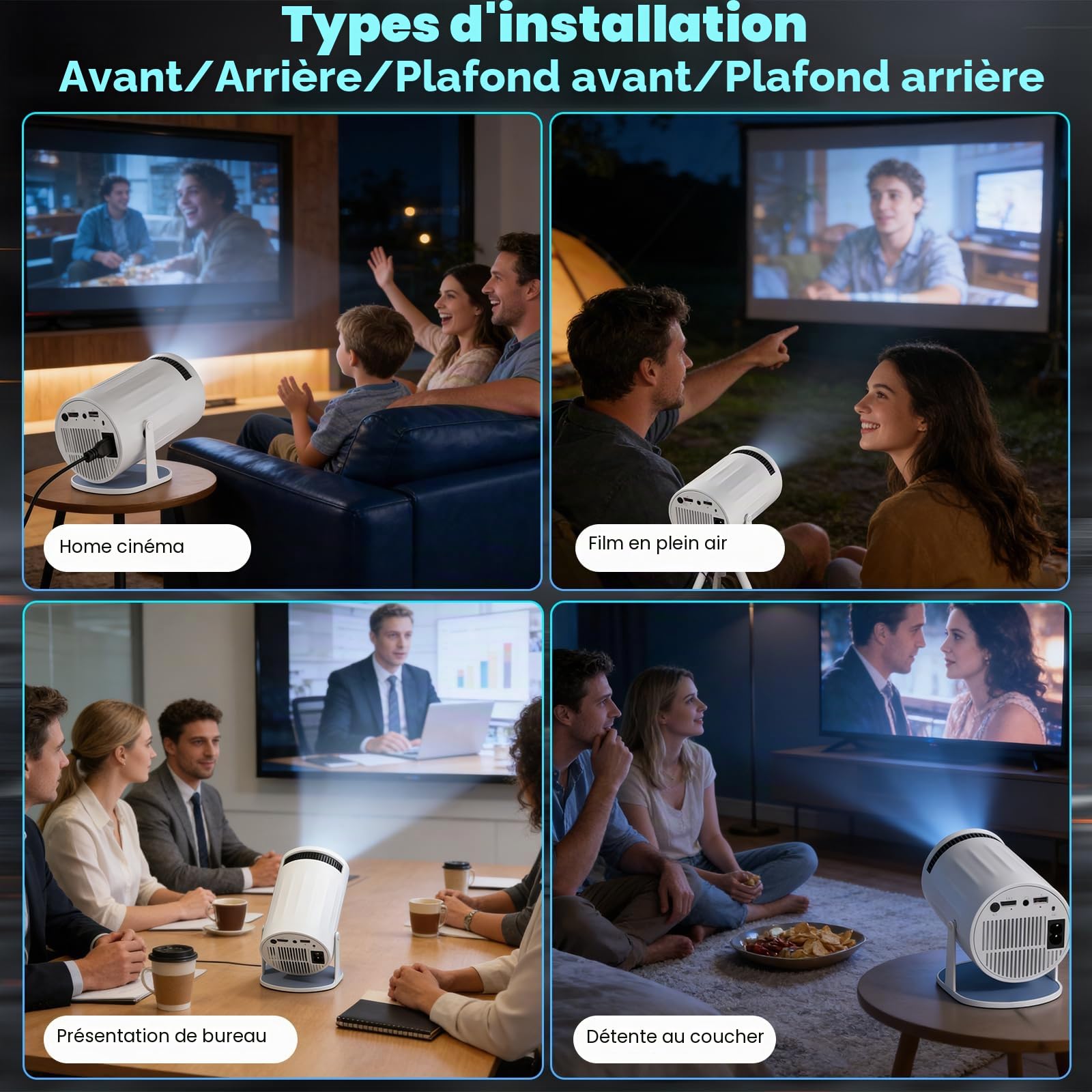 Vidéoprojecteur avec Wi-FI 6 & Bluetooth,Mini Projecteur Portable Supporte 4K 1080P Auto Keystone Rotation 180°, Auto Keystone Rotation 180° Compatibile,20000 Lumens pour HDMI/iPhone/USB Blanc (2)
